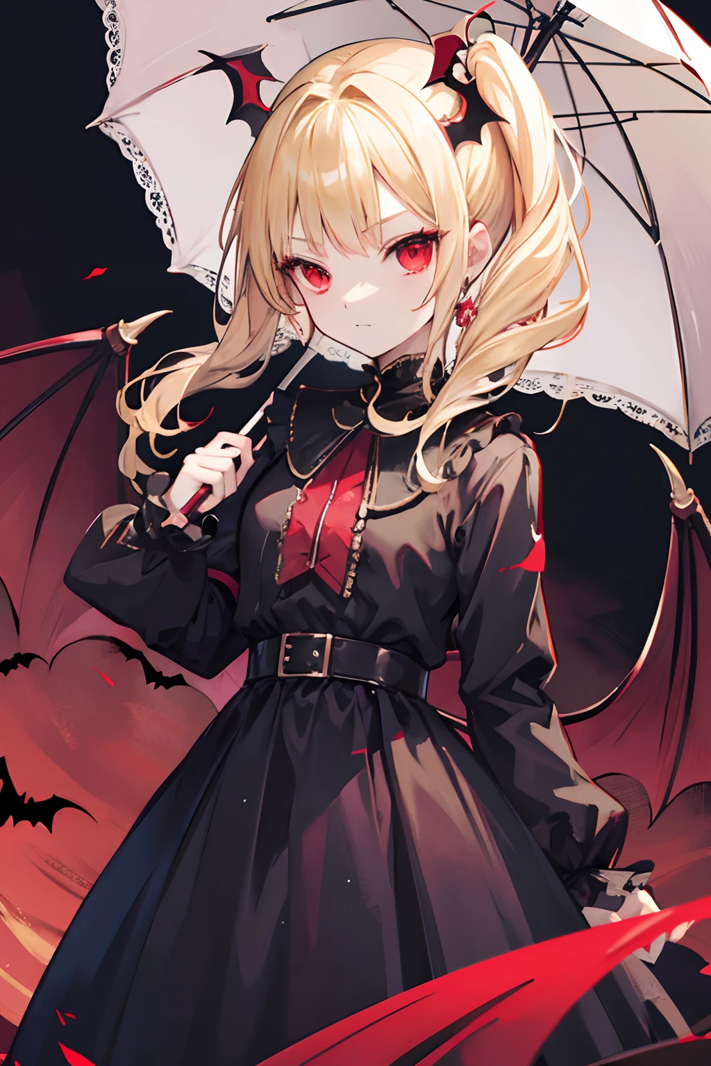 Blonde hair double ponytail，Vampires，With a petite figure，Bat wings，red eyes，Small crown hair ornaments，solo person，Arrogant，Western-style dress，outside，Umbrellas