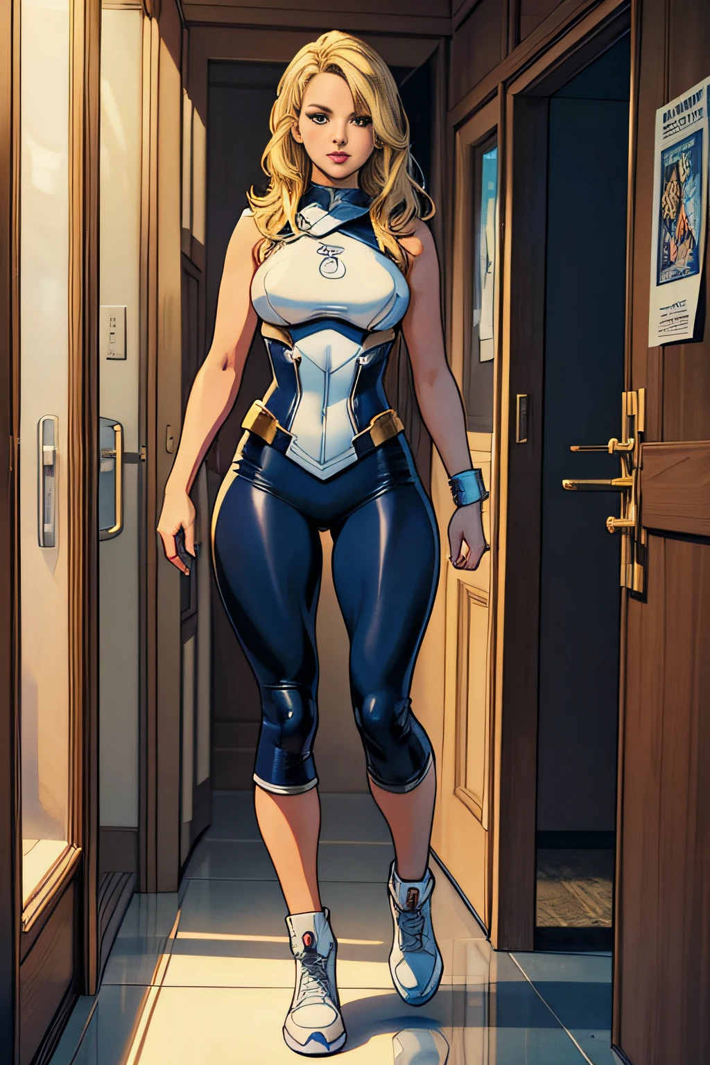 Comic storyboard:1.8, Cartoon comic strips,comic strip:: jennifer lawrence,Selena Gomez(1人の女性) The full body of a 30-year-old blonde,In a futuristic house, marvel comics style, hyper HD, 24K Ultra HD