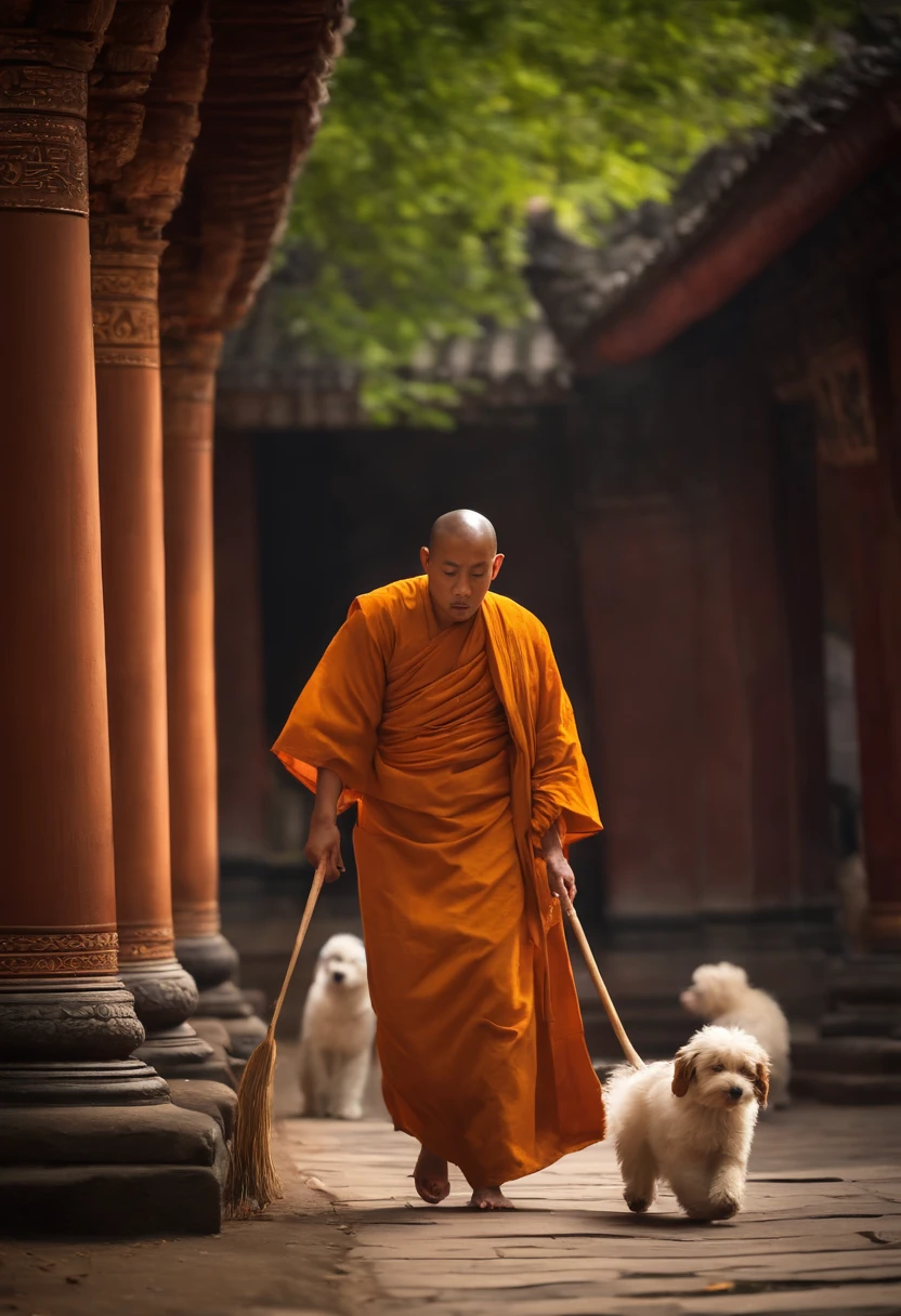 The handsome monk Stadi was sweeping the temple grounds, and three dogs ran around the novice.