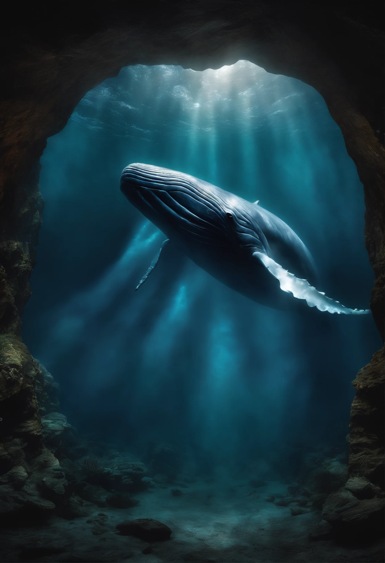 A moment of desperate prayer in the huge belly of a giant whale.
Illuminated by the dim light entering from the whale's mouth.
The inner walls of whales are rough, Moist texture, Some kind of marine residue is visible.
The figure of the giant whale hovers above Jonah,