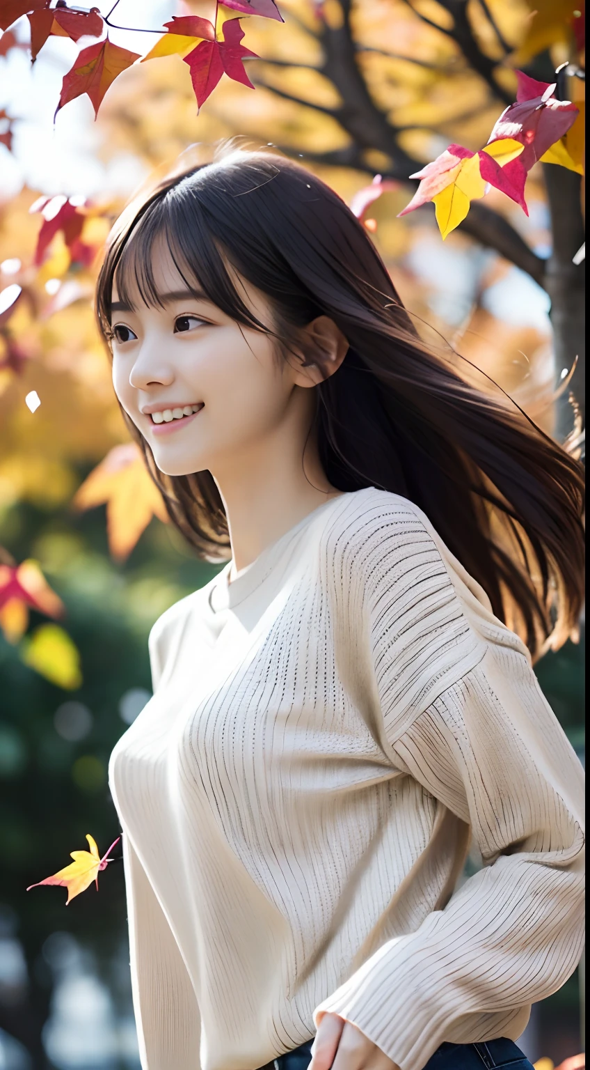(Spring colorful sweaters and shirts、Low angle shot of one girl with slender small breasts and long hair with dull bangs :1.5)、(Low angle shot of a girl dancing happily、the hair flutters with the wind :1.5)、(Rows of autumn leaves in full bloom and leaves dancing in the wind:1.5)、(Perfect Anatomy:1.3)、(No mask:1.3)、(complete fingers:1.3)、Photorealistic、Photography、masutepiece、top-quality、High resolution, delicate and pretty、face perfect、Beautiful detailed eyes、Fair skin、Real Human Skin、pores、((thin legs))、(Dark hair)