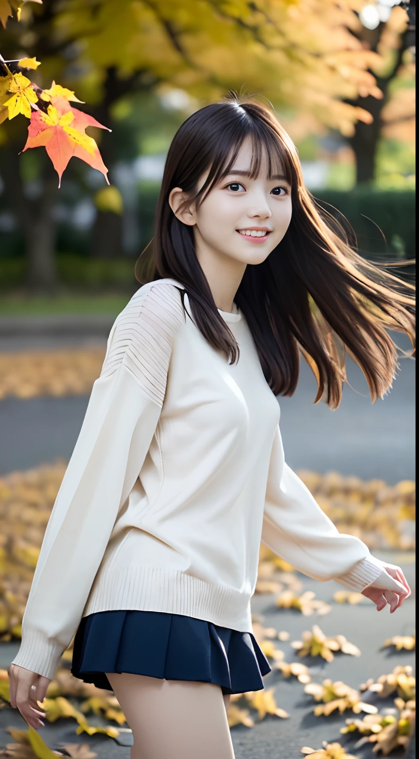 (Spring colorful sweaters and shirts、Low angle shot of one girl with slender small breasts and long hair with dull bangs :1.5)、(Low angle shot of a girl dancing happily、the hair flutters with the wind :1.5)、(Rows of autumn leaves in full bloom and leaves dancing in the wind:1.5)、(Perfect Anatomy:1.3)、(No mask:1.3)、(complete fingers:1.3)、Photorealistic、Photography、masutepiece、top-quality、High resolution, delicate and pretty、face perfect、Beautiful detailed eyes、Fair skin、Real Human Skin、pores、((thin legs))、(Dark hair)