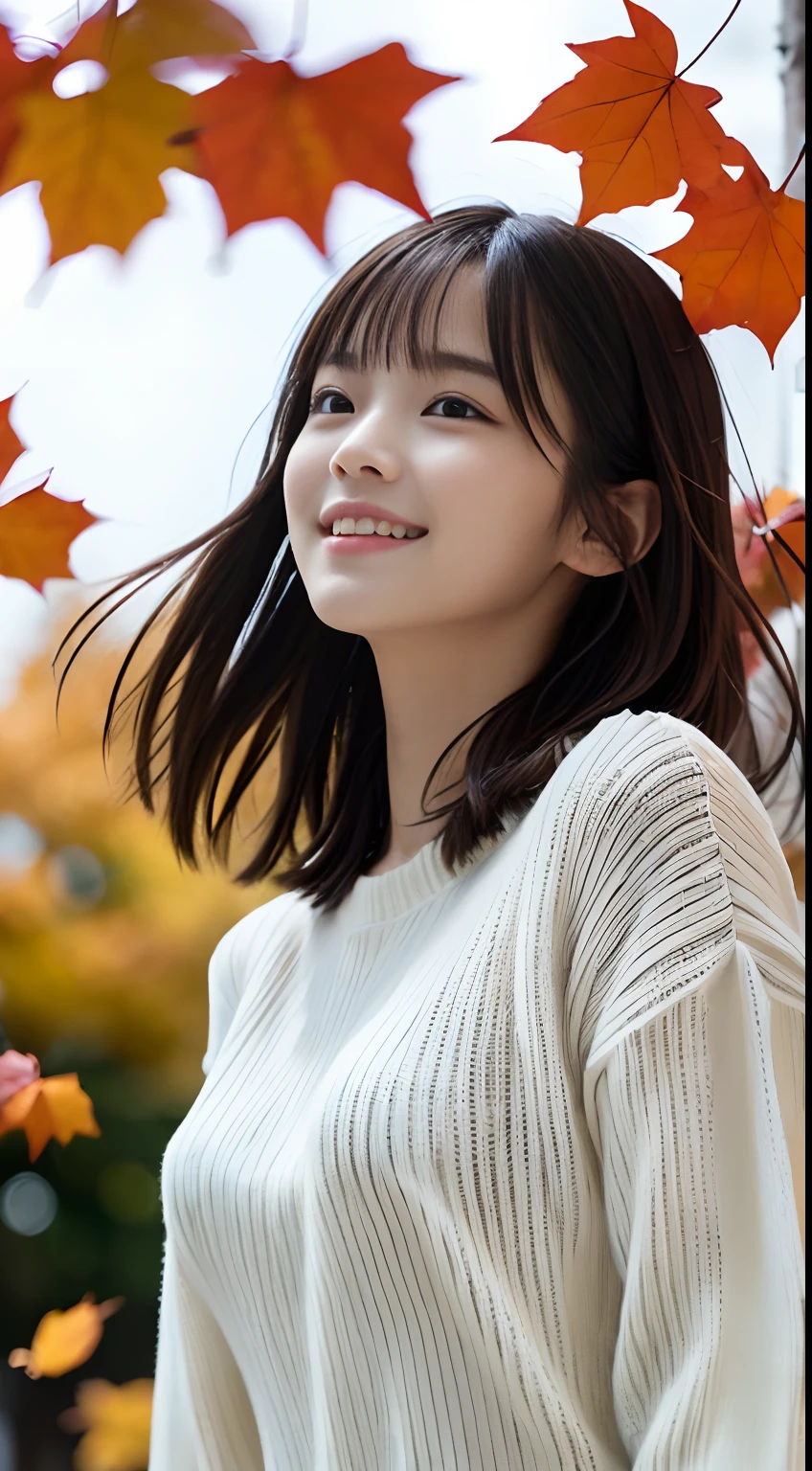 (Spring colorful sweaters and shirts、Low angle shot of one girl with slender small breasts and long hair with dull bangs :1.5)、(Low angle shot of a girl dancing happily、the hair flutters with the wind :1.5)、(Rows of autumn leaves in full bloom and leaves dancing in the wind:1.5)、(Perfect Anatomy:1.3)、(No mask:1.3)、(complete fingers:1.3)、Photorealistic、Photography、masutepiece、top-quality、High resolution, delicate and pretty、face perfect、Beautiful detailed eyes、Fair skin、Real Human Skin、pores、((thin legs))、(Dark hair)