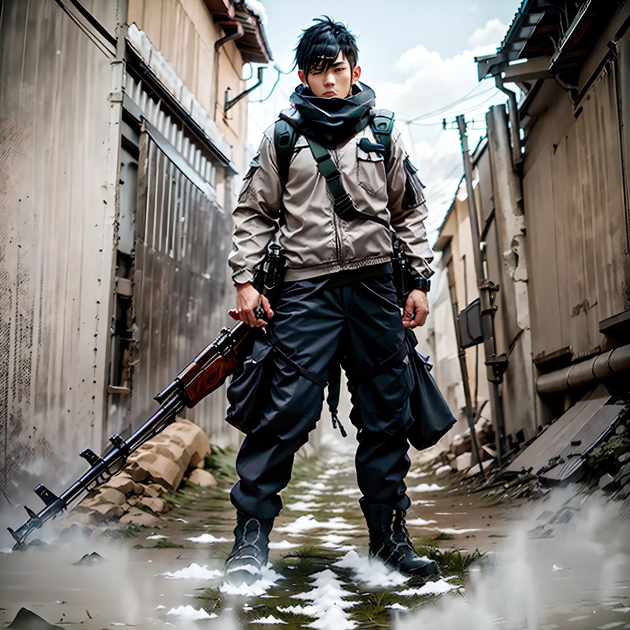 1人, Male focus, Black color hair, Short hair, Black eyes, Gray cargo pants, Black boots, shoulder holster, Full body shot,snow field, Cowboy shot, Masterpiece, Best quality, Perfect hands,Asian people,hands in a pocket,With a gun on his back,Carrying a bazooka on his back