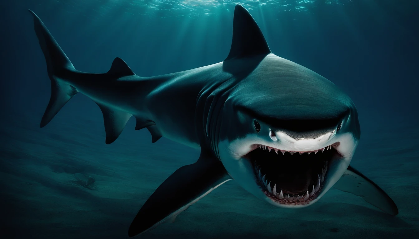 A moment of desperate prayer in the huge belly of a shark.
 Illuminated by the dim light coming in from the shark's mouth.
the ocean，Shark with an open mouth，predation