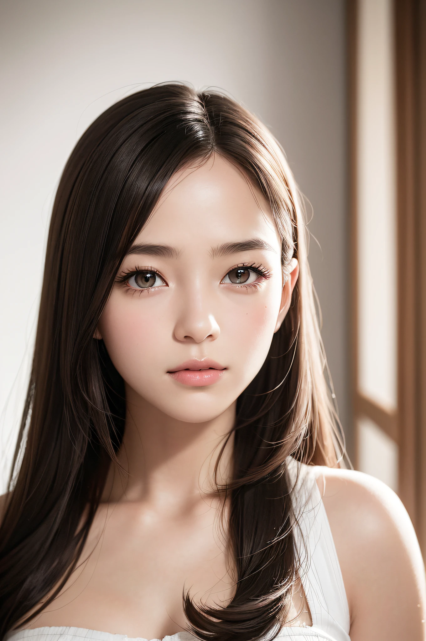 Highly detailed CG Unity 32k wallpaper, Realistic , photographrealistic , Raw photo , high-definition RAW color photography , professional photograpy , Best Quality , 超A high resolution , ultra-detailliert , official photo . Break sharp focus , detailed shadow , Soft lighting , Bokeh , bloom , Light from the front , Cinematic lighting , Light on Face , Beautiful lighting , Retro environment , Camera Flash , a polaroid photo , lo fi , Graded Tone , Film grain . adorable girl , kind , grateful , Seductive smile , Natural makeup , Beautiful eyes , Big eyes , Natural eyes . Thin eyebrows . Breaking small breasts . slim . Short stature . Beautiful skin . gleaming skin . Smooth skin . Natural Skin . Break POV . ((close up)) . (Beautiful face) .1a person、 Half body shot,extremely detailed cute girl,(20yr old)、