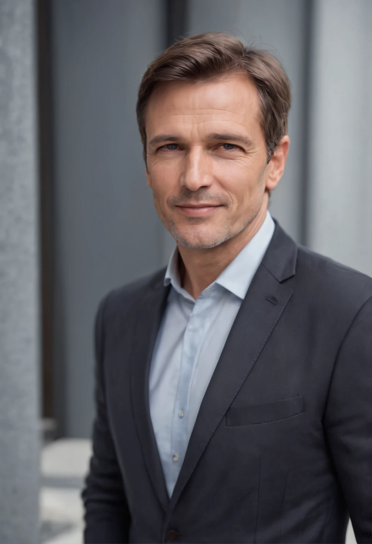 Attractive serious 50 year old man with short brown hair in business suit Hugo boss, Prise de vue du corps entier, sourire