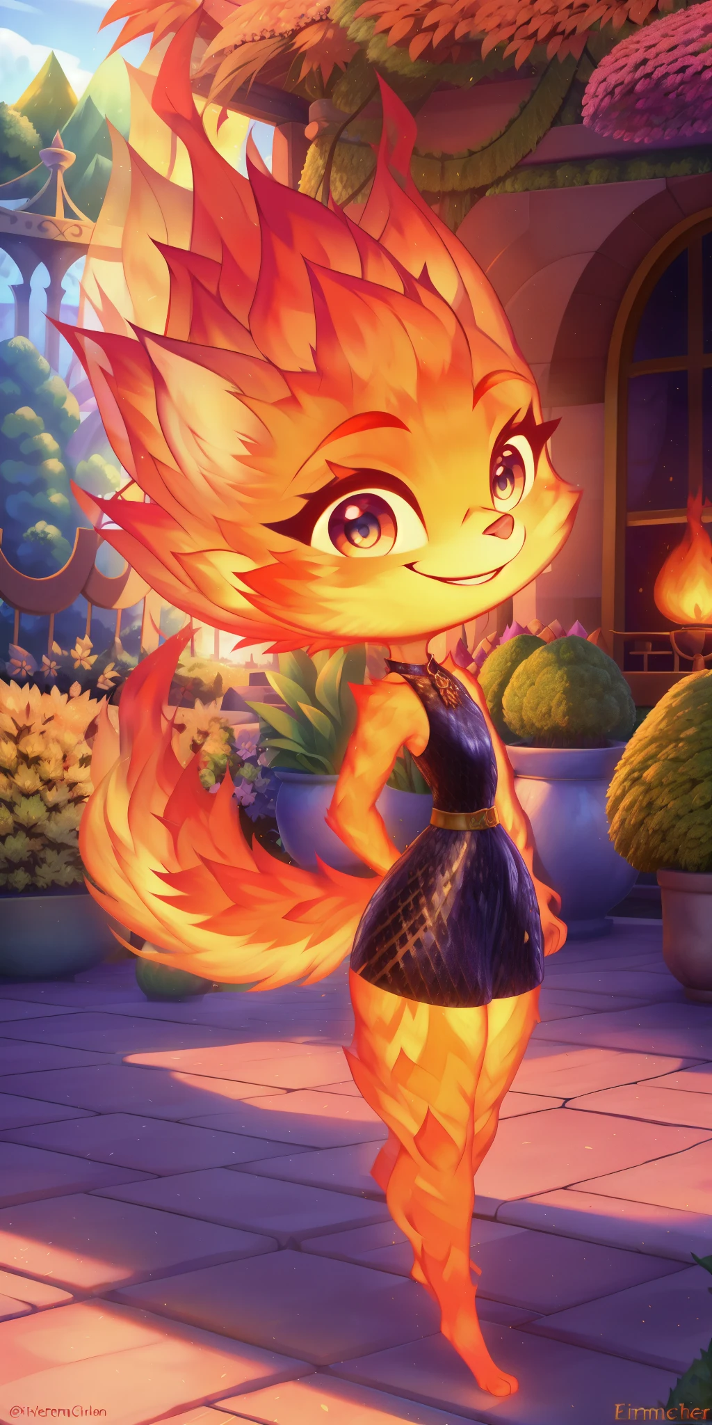 (best quality, masterpiece, detailed face, beautiful detailed eyes), Ember, furry girl made of fire, 1girl, solo, standing, ((fullbody)), smiling, detailed background, garden, cat,