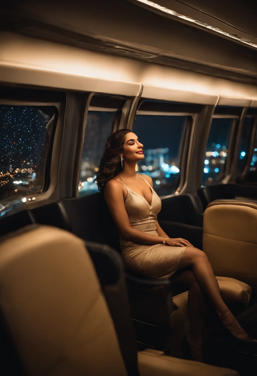 jovem 18 anos, Beautiful, (((Novo))), ((no-bra)), sem calcinha, inspirado em prostituta, Flight attendant, corpo escultural, olhos azuis, Cabelo longos, cabelos loiros , confident expression, (Pose de prostituta), passeando elegantemente pelo corredor da cabine, com um sorriso radiante, interacting with passengers caressing their private parts, luzes suaves iluminando o ambiente, windows with stunning views of the night sky of the city of Dubai,