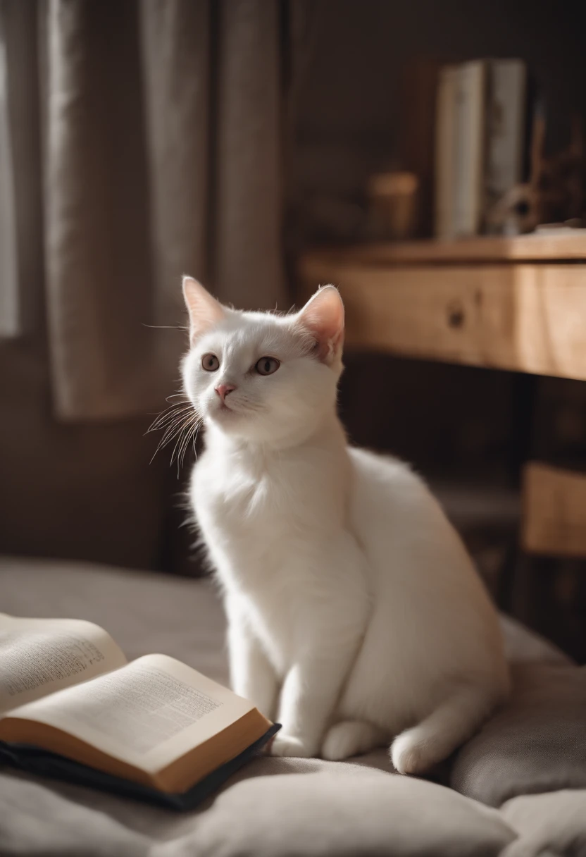 there is a cat on it, a cute little cat, The cutest kitten in history, Very beautiful and cute girl cat, Lewd and excited white cat, a cute little cat, Intelligent cat, an anthro cat, funny cat, cute kittens, And a sad cat. They read books on the couch、Sitting on a chair. They are relaxing after a hard day. They are wearing pajamas.
