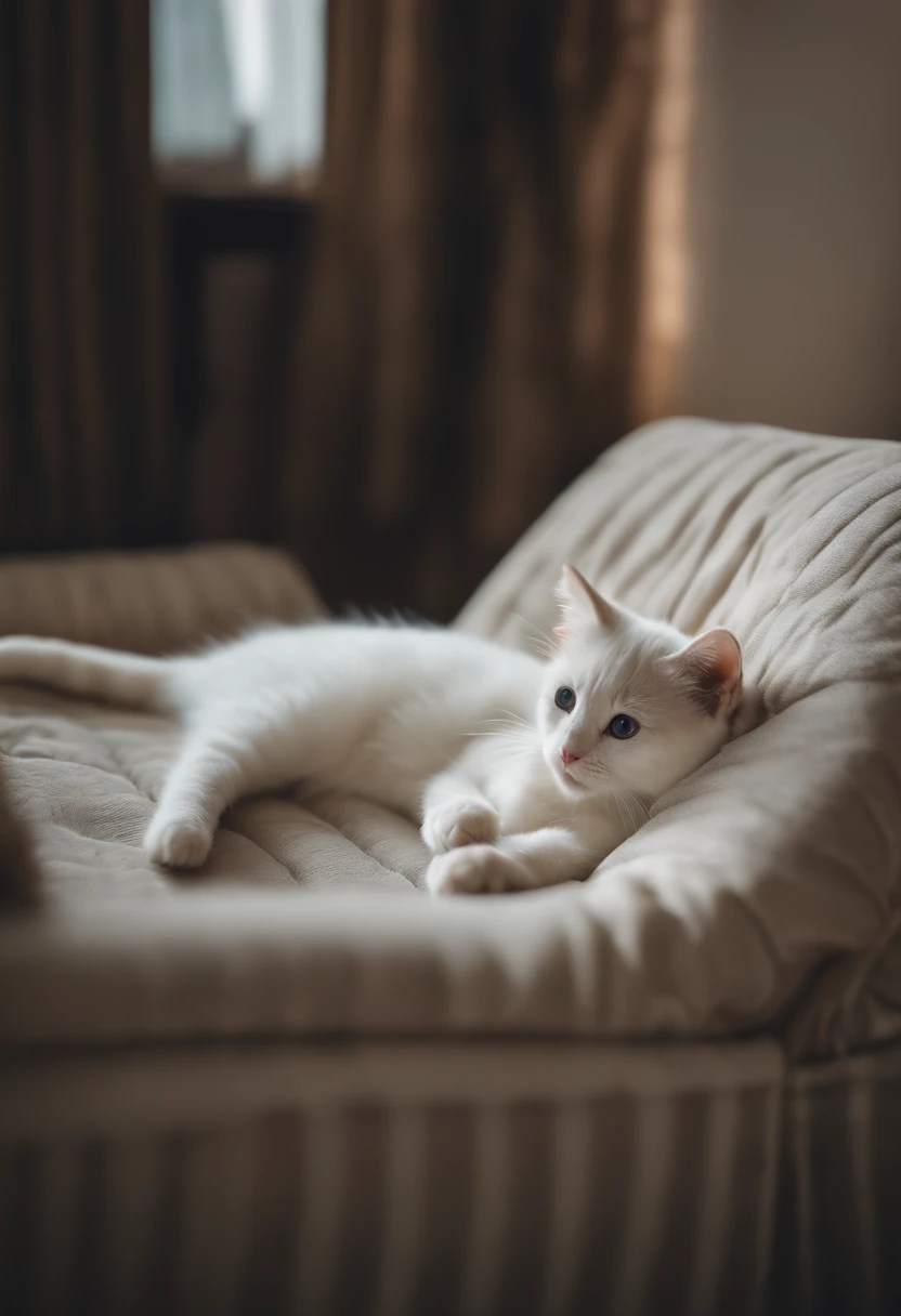there is a cat on it, a cute little cat, The cutest kitten in history, Very beautiful and cute girl cat, Lewd and excited white cat, a cute little cat, Intelligent cat, an anthro cat, funny cat, cute kittens, And a sad cat. They read books on the couch、Sitting on a chair. They are relaxing after a hard day. They are wearing pajamas.