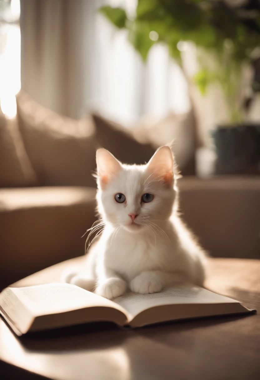 there is a cat on it, a cute little cat, The cutest kitten in history, Very beautiful and cute girl cat, Lewd and excited white cat, a cute little cat, Intelligent cat, an anthro cat, funny cat, cute kittens, And a sad cat. They read books on the couch、Sitting on a chair. They are relaxing after a hard day. They are wearing pajamas.