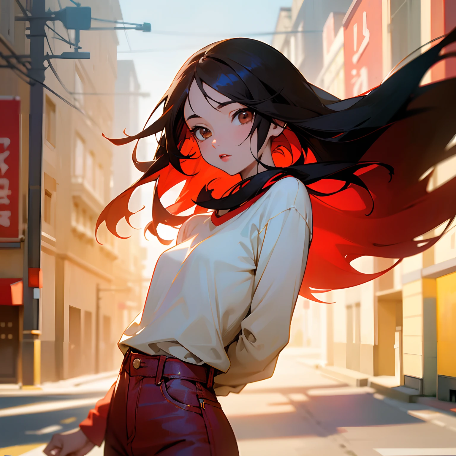 Anime, 1girl, (masterpiece), best quality, expressive eyes, perfect face, young adult, asian, black hair, hair length till shoulders, brown eyes, red lips, light red long sleeved tshirt, skinny denim trousers, elegant, clear focus, shot by greg rutkowski, soft lighting, vibrant colors, ((street)), dynamic pose