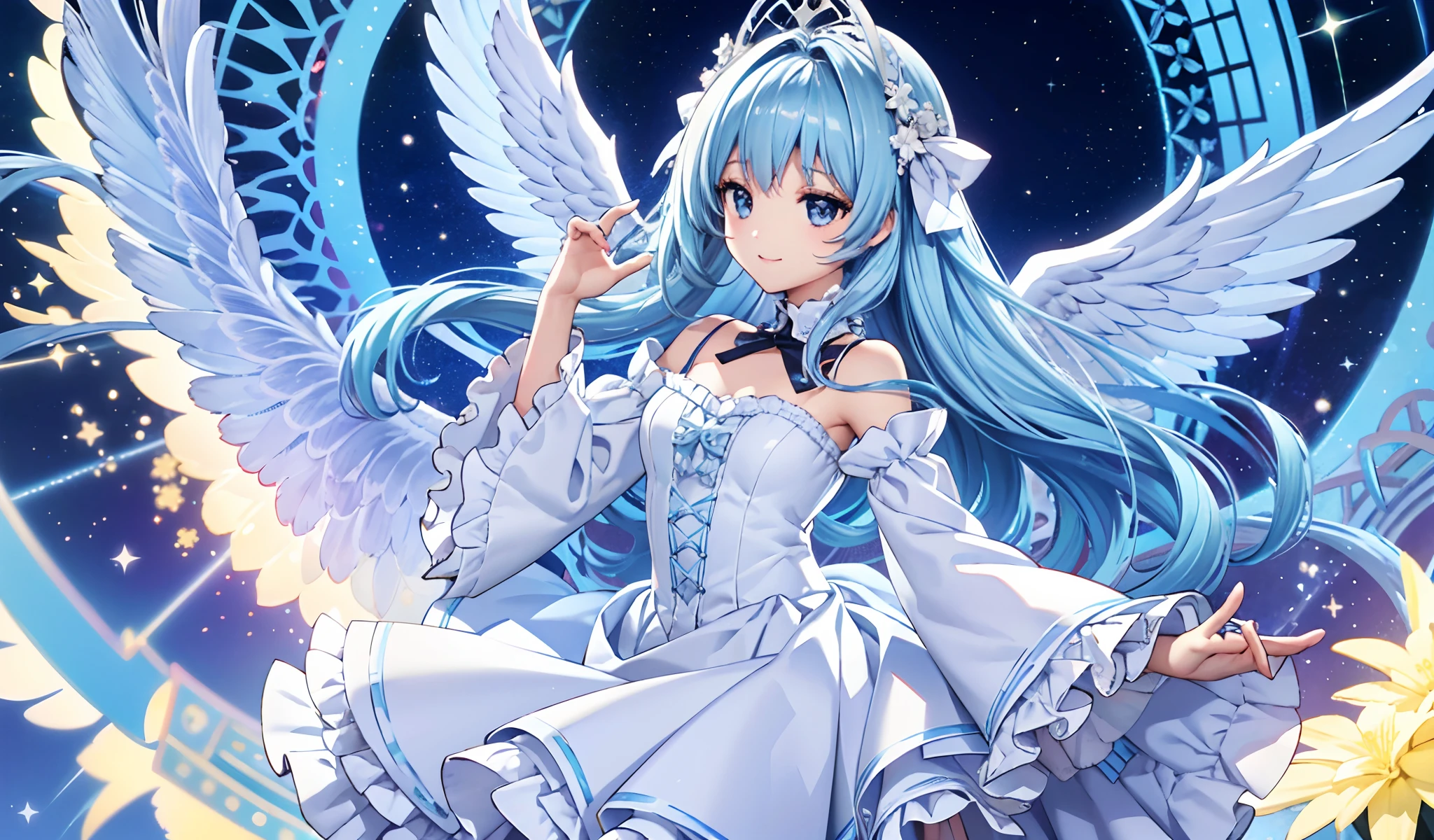 Big big wings of iridescent angel、1 kawaii girl、adorable smiling、Light blue long hair、Twin-tailed、In colorful angel costume in white and blue and pink ta style、Lots of frills、((top-quality))、((masterpiece))、(ighly detailed、highestdetailed、Official art、Beautifully Aesthetic:1.2)