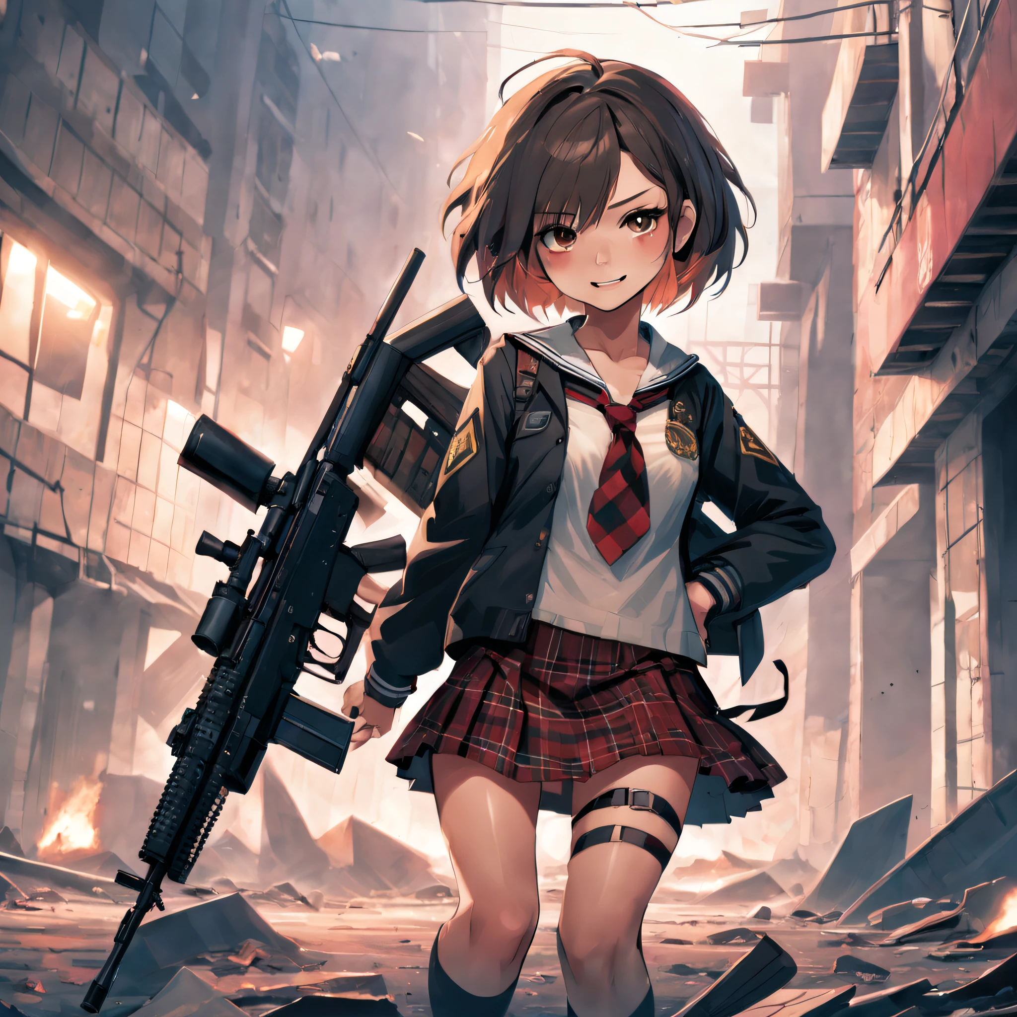 masutepiece, High quality, Disgusting feeling, Cinematic lighting, Front Camera Angle, Ruined metropolis, Upper body, High school girl standing on the ground with assault rifle (M16), Beautiful Girl, Unbeatable smile, Good looking style, Short hair, cleavage, Short sailor suit, Tartan mini skirt, Dynamic Pose,