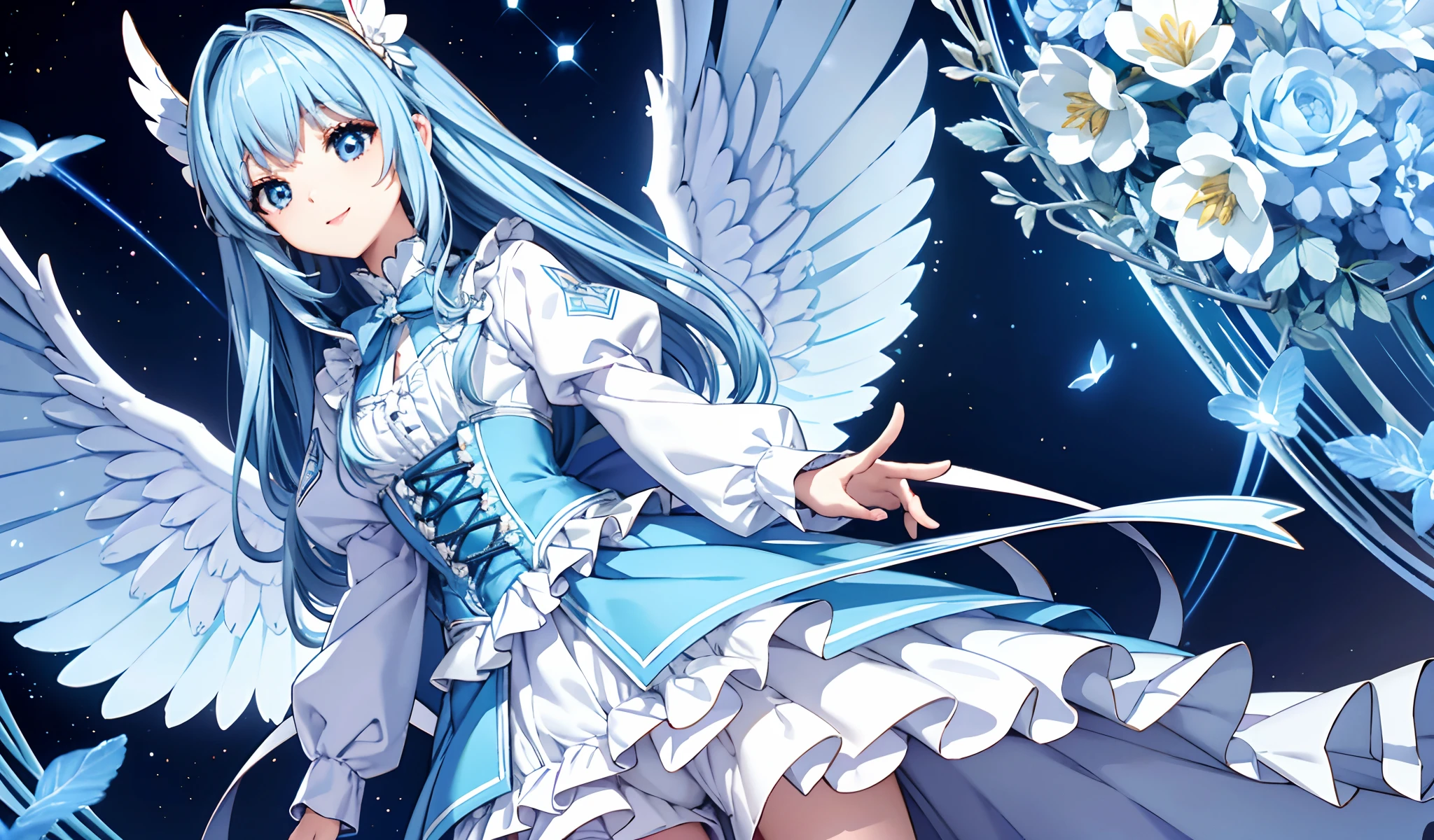 Big big wings of angels shining in seven colors、1 kawaii girl、adorable smiling、Light blue long hair、Twin-tailed、Colorful angel costume in white and blue Lolita style with lots of frills、((top-quality))、((​masterpiece))、(ighly detailed、highestdetailed、Official art、Beautifully Aesthetic:1.2)