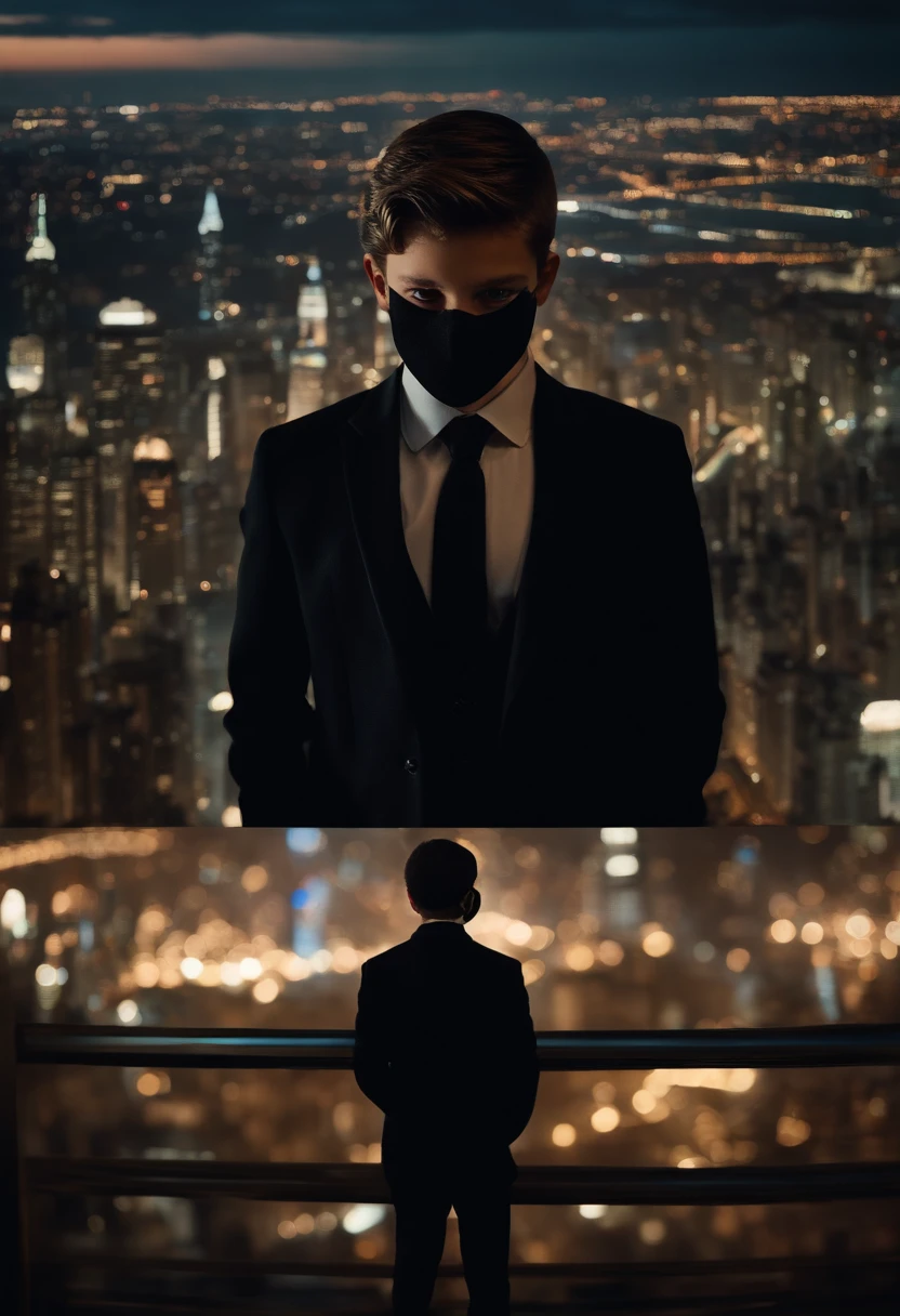 masterpiece, best quality, movie still, 14 year old boy with mask and a spy black suit, looking down at the big city at night. behind him