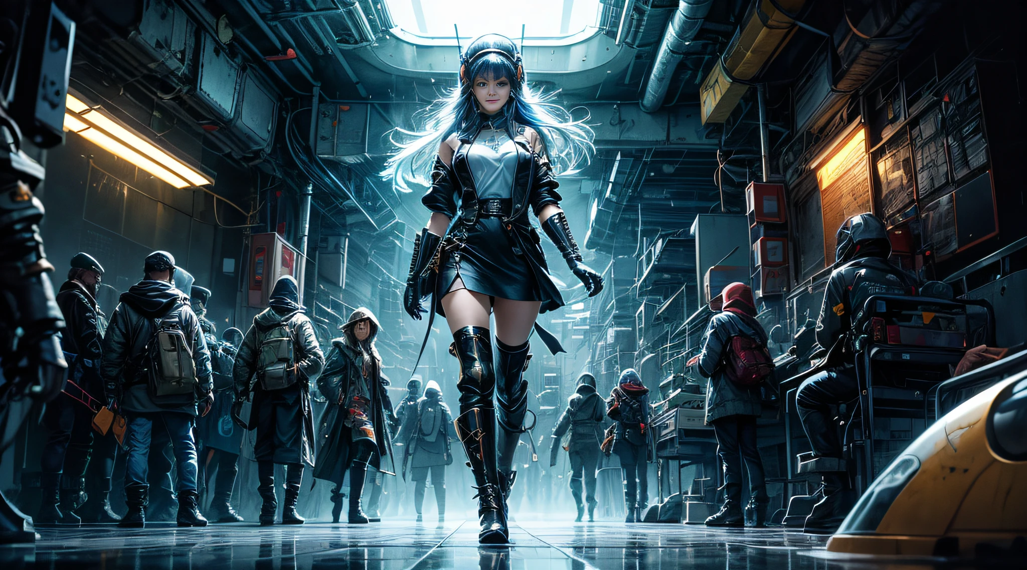 cuerpo completo, cabello azul, contundente de, Obra maestra, Calidad superior, Arte Oficial, album art, muy elaborado CG Unity 8K fondo de pantalla, Lonely girl, Chica japonesa, cuerpo completo, Super High Resolution, (fotorrealista: 1.4), Dynamic Angle, dynamic pose, mystical power, particles floating, reflecion, so cute, Ojos de color azul brillante, golden hour lighting, Traje de piloto en colores blanco y azul y negro, Ropa ajustada, Ropa que cubre todo el cuerpo, Botas hasta la rodilla, (ojos hinchados), Visor mirando, Frente, belleza, senos medianos, Elevador de camisa, metal wire, cuerpo delgado, Guantes hasta el brazo, Anime heroine, sonrisa suave, auriculares de casco, casco, Cabina de robot detallada, Super futuristic space