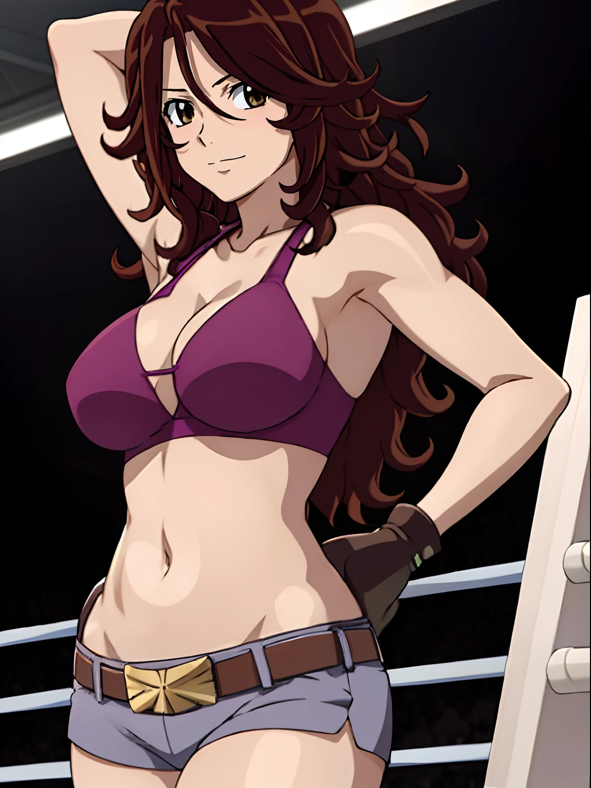 ((solo)), Best Quality, hires, curvy midsection, strong woman, female wrestler, smile, happy), upper body only, anime style: 1.8, anime drawing, ultra detailed face, ultra detailed body, 4k, Sumergai Lee Noriega, (standing), best quality, anime style, hires, highest definition, digital blending, bold drawing lines, (((White Background))), ( pro female wrestler, long attractive belly, slim body, (strong arm muscles), broad shoulders , off-shoulders, closed fists, (very curvy: 2.8)), (blouse, shorts, white gloves, arm band, arm band, (champion belt))), (pale skin, big breasts, closed mouth), (big eyes, brown eyes, shiny eyes), (reddish hair, loose hair, curly hair, wavy hair, long hair, missy hair), 27 years old