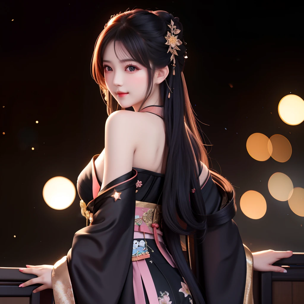 best quality, masterpiece, highres, 1girl,blush,(seductive smile:0.8),star-shaped pupils, china hanfu in dark black, Beautiful face, shoulder is open, with her back turned, hands behind butt, tyndall effect,photorealistic, dark studio, rim lighting, two tone lighting,(high detailed skin:1.2), 8k uhd, dslr, soft lighting, high quality, volumetric lighting, candid, Photograph, high resolution, 4k, 8k, Bokeh