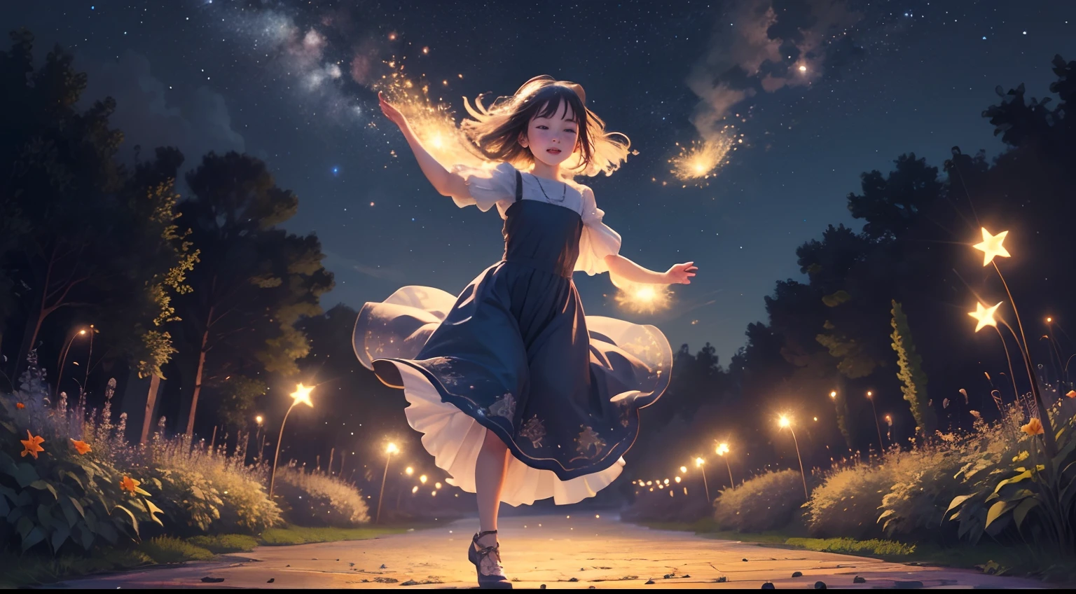 Design a picture of Lily dancing gracefully with fireflies in the garden under the starry night sky.