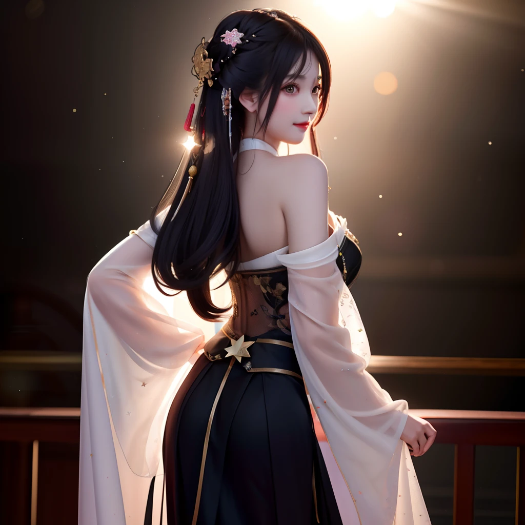 best quality, masterpiece, highres, 1girl,blush,(seductive smile:0.8),star-shaped pupils, china hanfu in dark black, Beautiful face, shoulder is open, with her back turned, hands behind butt, tyndall effect,photorealistic, dark studio, rim lighting, two tone lighting,(high detailed skin:1.2), 8k uhd, dslr, soft lighting, high quality, volumetric lighting, candid, Photograph, high resolution, 4k, 8k, Bokeh