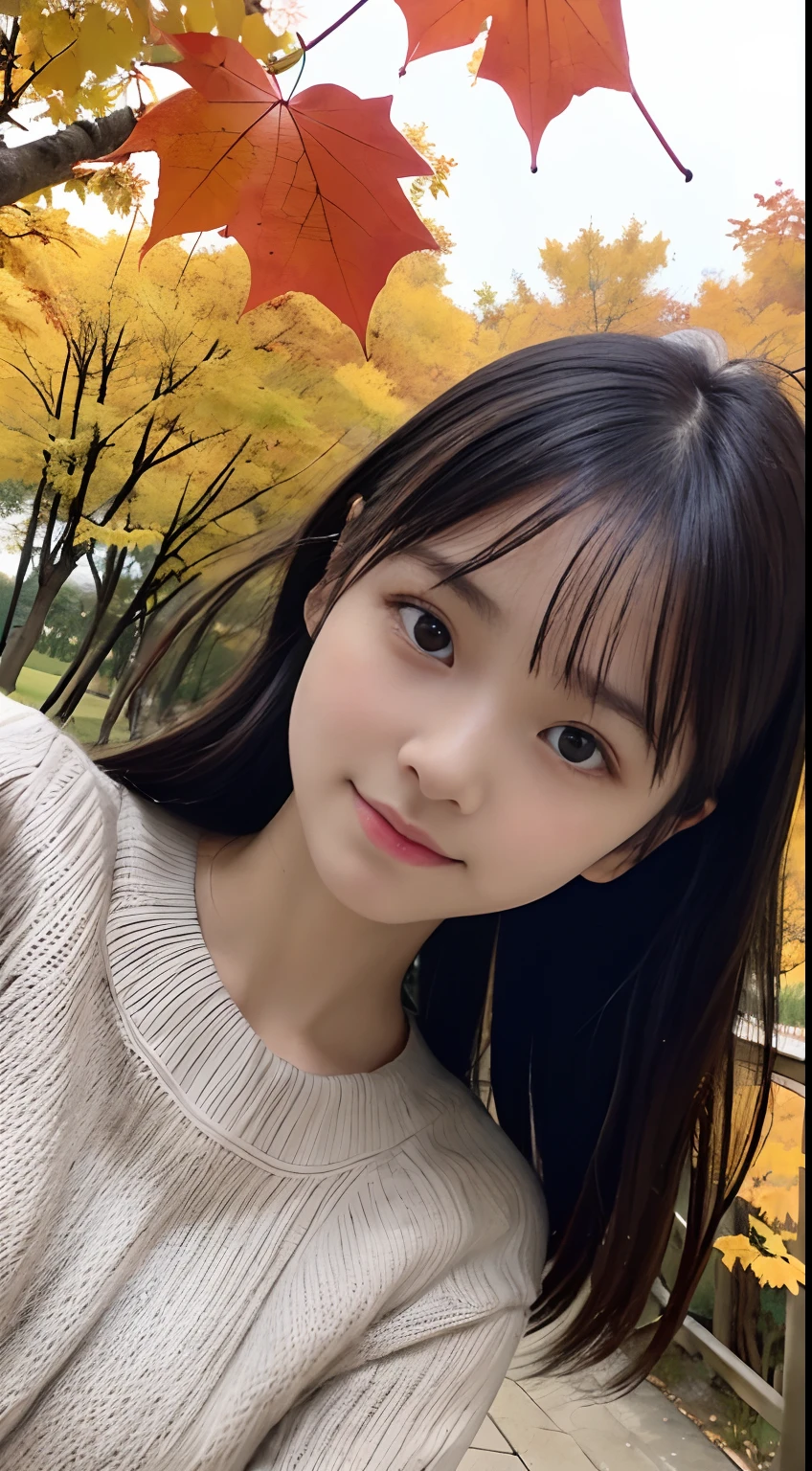 (slender small breasts and long hair,,,,,,、Close up low angle shot of one girl with dull bangs in spring sweater and shirt :1.5)、(Low angle shot of a girl dancing happily、the hair flutters with the wind :1.5)、(Rows of autumn leaves in full bloom and leaves dancing in the wind:1.5)、(Perfect Anatomy:1.3)、(No mask:1.3)、(complete fingers:1.3)、Photorealistic、Photography、masutepiece、top-quality、High resolution, delicate and pretty、face perfect、Beautiful detailed eyes、Fair skin、Real Human Skin、pores、((thin legs))、(Dark hair)