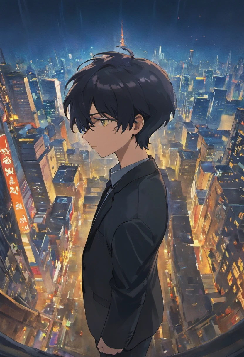 masterpiece, best quality, movie still, 14 year old boy with mask and a spy black suit, looking down at the big city at night. behind him