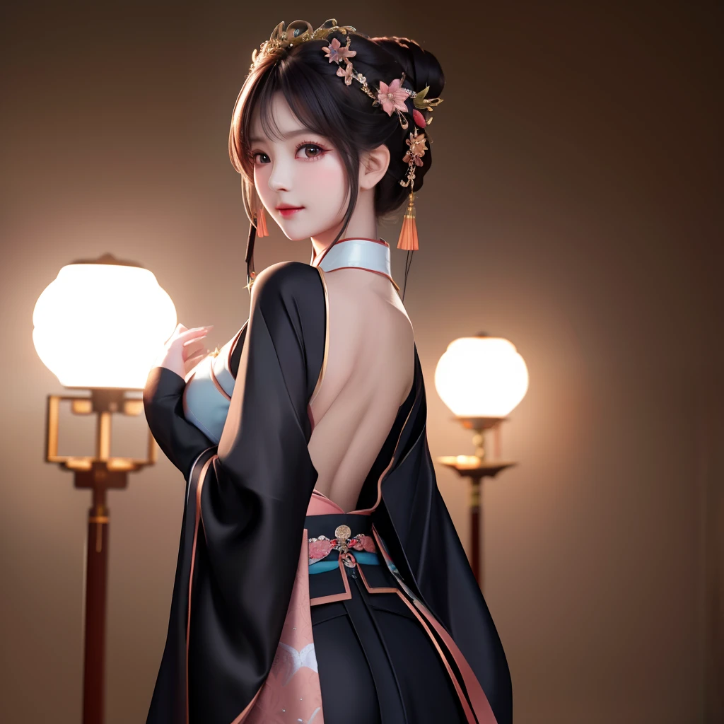 best quality, masterpiece, highres, 1girl,blush,(seductive smile:0.8),star-shaped pupils, china hanfu in dark black, Beautiful face, shoulder is open, with her back turned, hands behind butt, tyndall effect,photorealistic, dark studio, rim lighting, two tone lighting,(high detailed skin:1.2), 8k uhd, dslr, soft lighting, high quality, volumetric lighting, candid, Photograph, high resolution, 4k, 8k, Bokeh