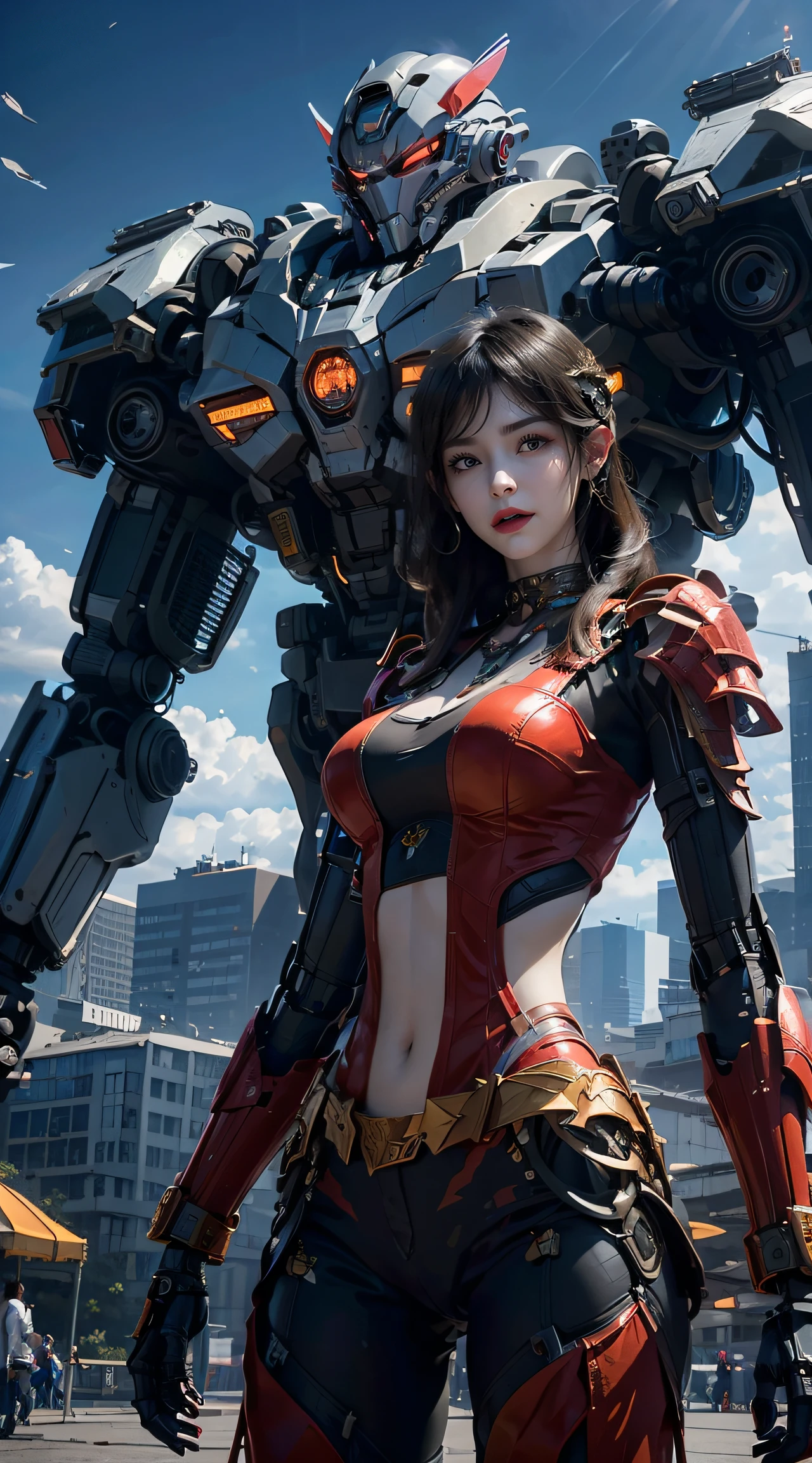 (RAW photo, best quality), (realistic, photo-realistic:1.5), an extremely delicate and beautiful, extremely detailed, CG, unity , 8k wallpaper, Amazing, finely detail, (masterpiece:1.5, best quality), realistic, (real picture, intricate details, depth of field), (1girl, solo), make up, parted lips, highly-detailed, perfect face, huge breasts, thick thighs, wide hips, small waist, tall, glossy coral lips, light coral brown hairs, red eyes, sexy, blushing, (full body:1.3), <lora:JJMM:0.9> , long_hair , (robot:1.3) , science_fiction, machine equipment girl, (robotic factory background:1.2), elegant ,slender figure, dynamic posture,