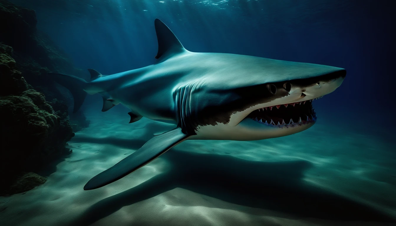 A moment of desperate prayer in the huge belly of a shark.
Illuminated by the dim light coming in from the shark's mouth.
the ocean,Shark with open mouth,predation