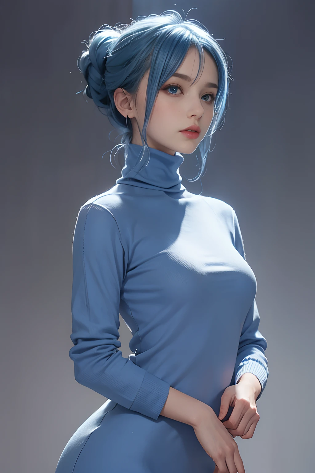 A 20 year old girl with blue hair, blue eyes, updo, turtleneck pink dress, birthday