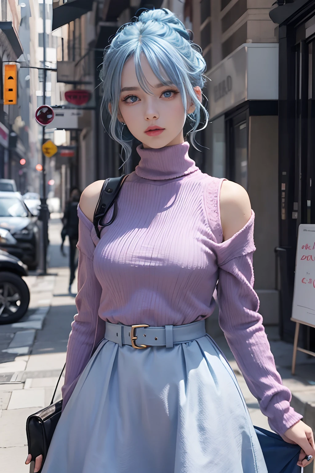 A 20 year old girl with blue hair, blue eyes, updo, turtleneck pink dress, birthday