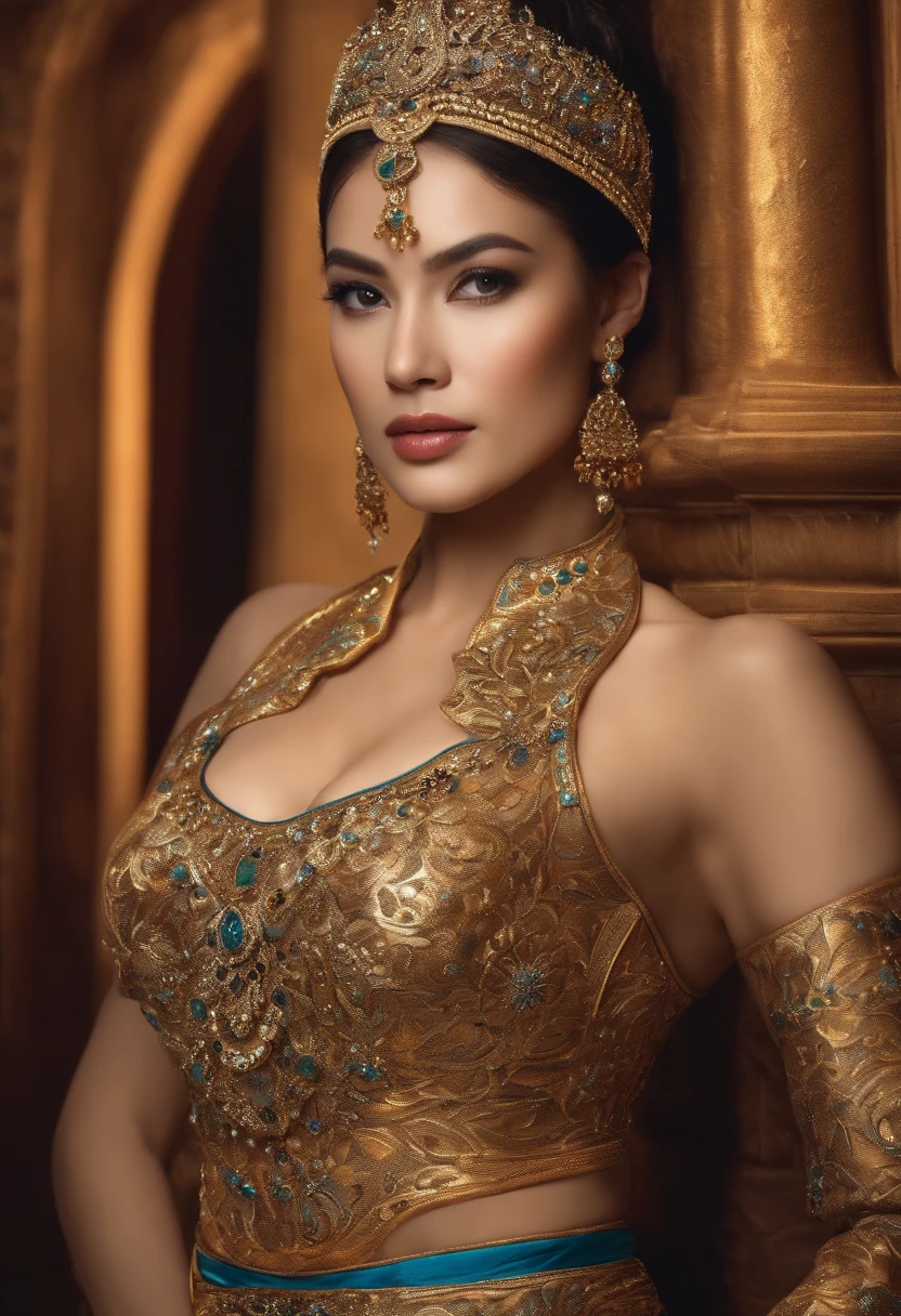 masterpiece, High Quality, 10, magnificent design, glossy, from the front, awarded photograph, Very detailed, Marvel, fine detail, Absurd, Highly detailed women, very detailed eyes and face, bara, 1girls, babe, glossy, big breastm, WIFS, Sparkling fabric, incrusted with gems, Visible Midriff , WOMEN WEAR WIFS, Pose inside a castle with oriental architecture, Gold embroidery,