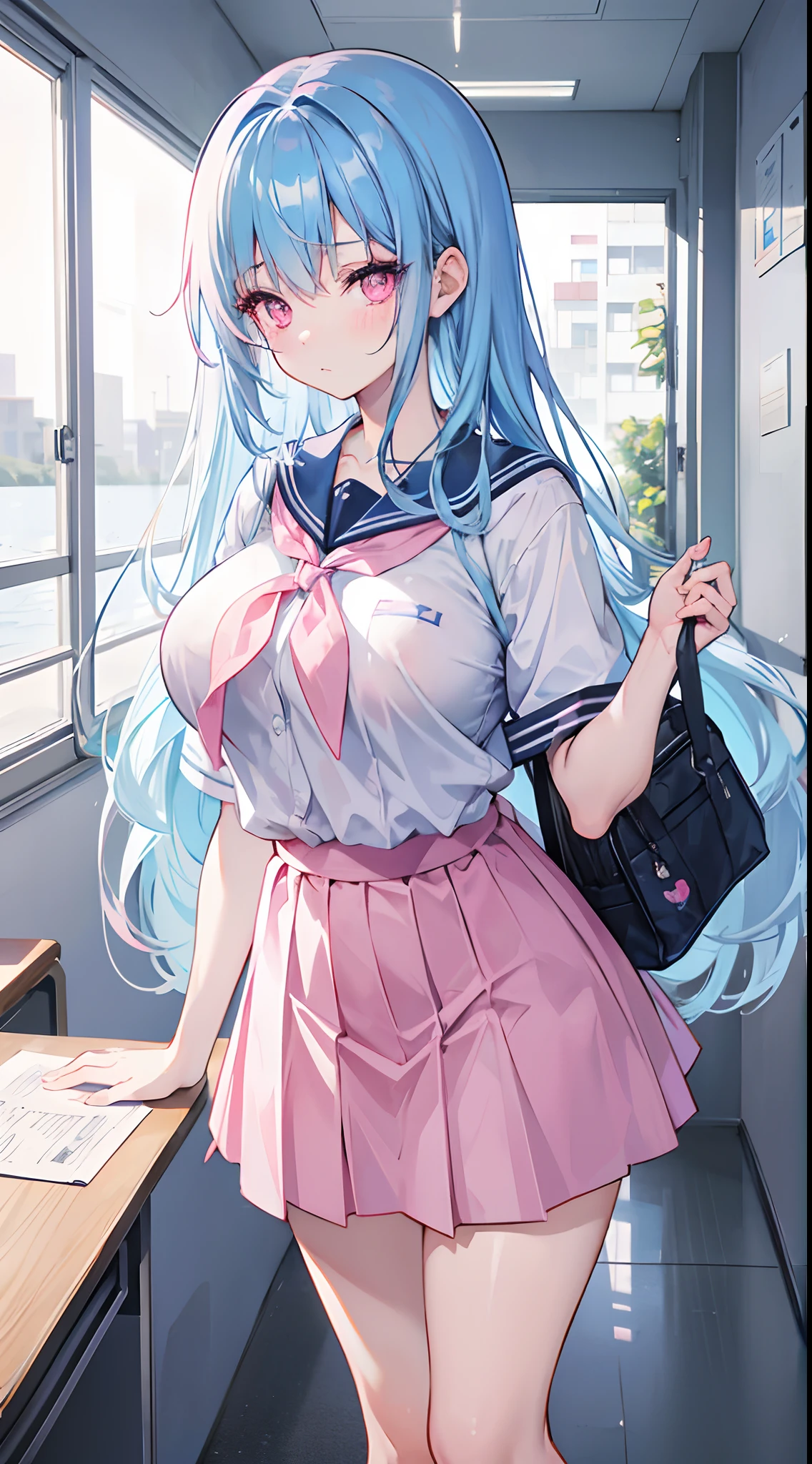 Long light blue hair to the waist,dishiveredhair,Pink eyes,Loving pupils,Sailor uniform school uniform,Big breasts loli,Girl,An expression of pity appeared,In the classroom,Kittens