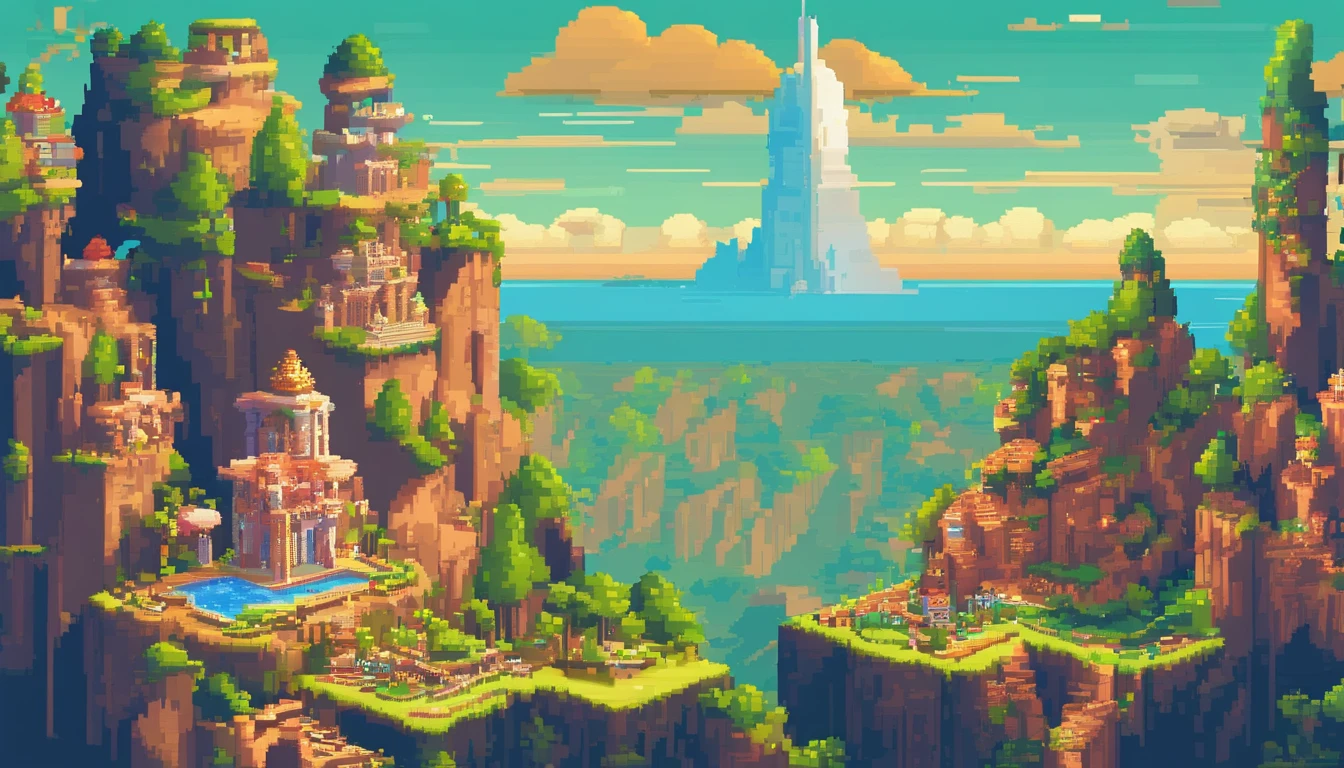 Pixel art tourist destination landscape. Evening. 3d pixel art 4k wallpaper. Incredible pixel art details. Pixel art. Steam waves. Detailed unreal engine, high position, Imagine a mesmerizing painting of a fantastic realm that exists in 5-dimensional space, where gravity, time, and perception transcend conventional boundaries. Bring this extraordinary world to life and let your creativity soar. Like the warp space of a time machine ride.