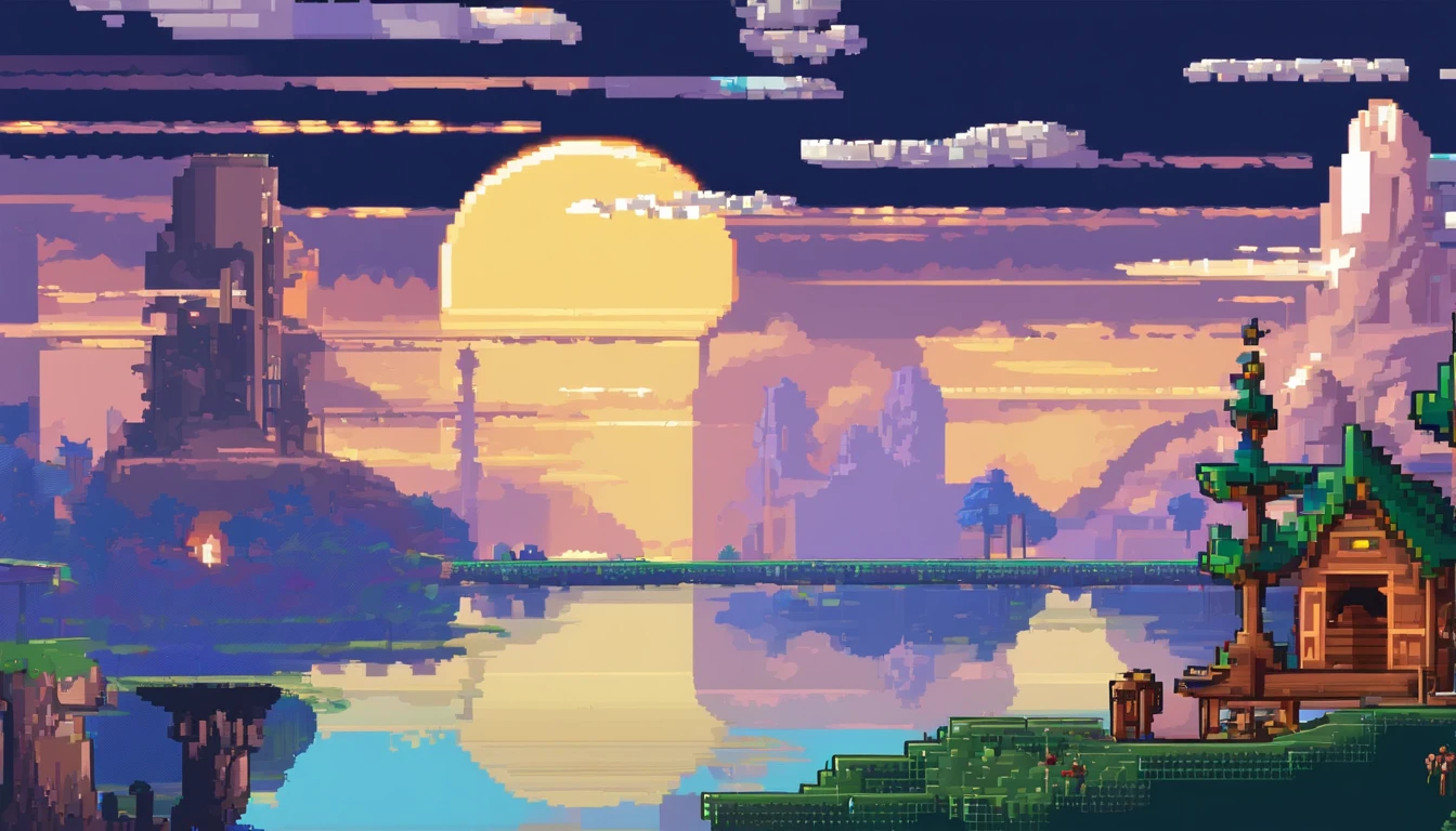 Pixel art tourist destination landscape. Evening. 3d pixel art 4k wallpaper. Incredible pixel art details. Pixel art. Steam waves. Detailed unreal engine, high position, Imagine a mesmerizing painting of a fantastic realm that exists in 5-dimensional space, where gravity, time, and perception transcend conventional boundaries. Bring this extraordinary world to life and let your creativity soar. Like the warp space of a time machine ride.