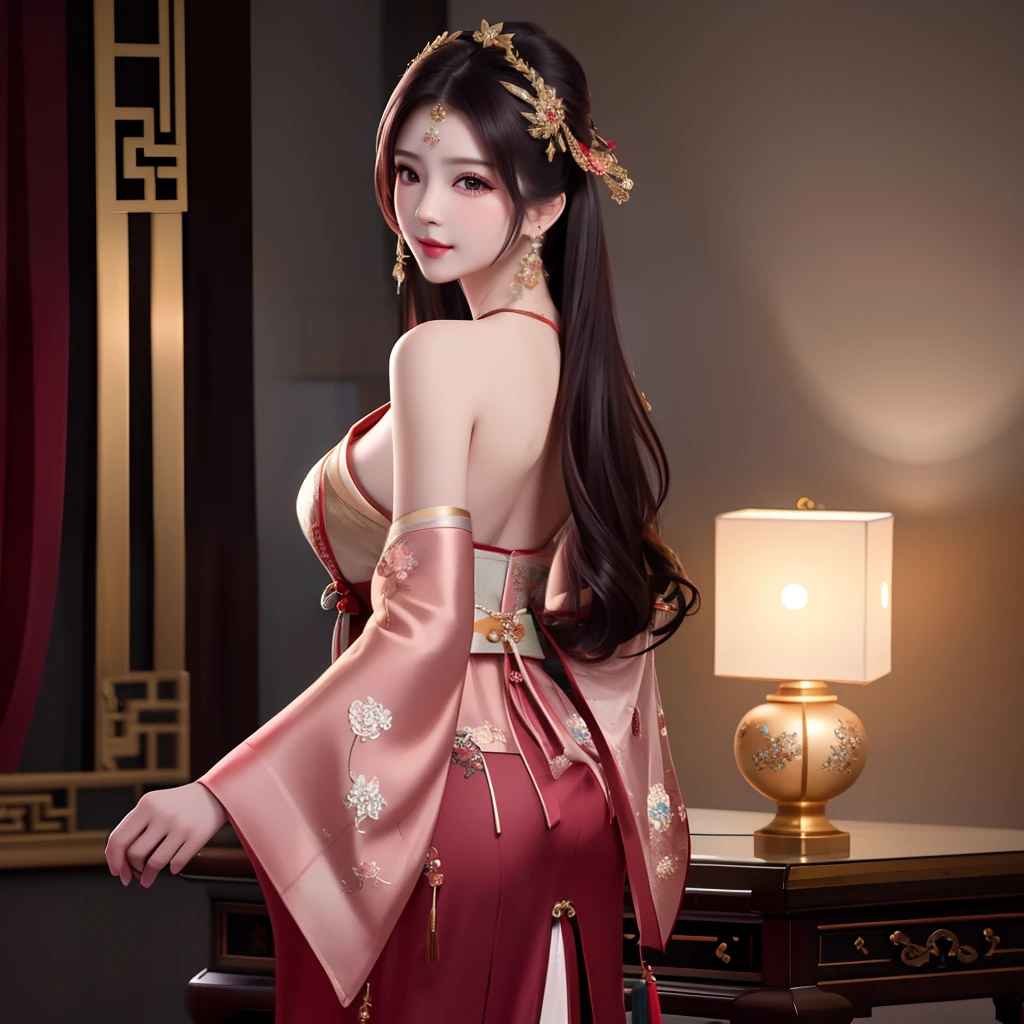 best quality, masterpiece, highres, 1girl,blush,(seductive smile:0.8),star-shaped pupils,sexy china hanfu in red, very luxury, luxury hair ornament, luxury necklace, jewelry,Beautiful face,shoulder is open, with her back turned, hands behind butt, tyndall effect,photorealistic, dark studio, rim lighting, two tone lighting,(high detailed skin:1.2), 8k uhd, dslr, soft lighting, high quality, volumetric lighting, candid, Photograph, high resolution, 4k, 8k, Bokeh