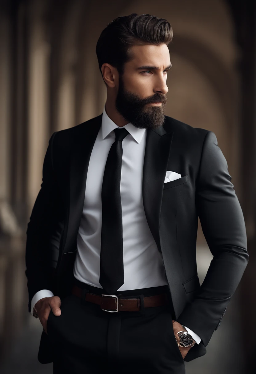 en haut、Faire un bel homme de 30 ans dans un costume ???? et une cravate, PDG, cheveux et barbe bruns, (Homme en costume ???? et cravate), ), (Utilisez une barbe,) Attractive and serious look, cheveux noirs courts, Elegant and elegant, Shave Tightly Fitting in Suit and Strong Body, (highly quality, Realistic images), Dark and light black on image background, Style de film, ((premier quality, 8k, шедевр), Ultra High Definition Photo, (Beautiful detailed faces, detail skin texture, Hyperdetailed body:1.1)