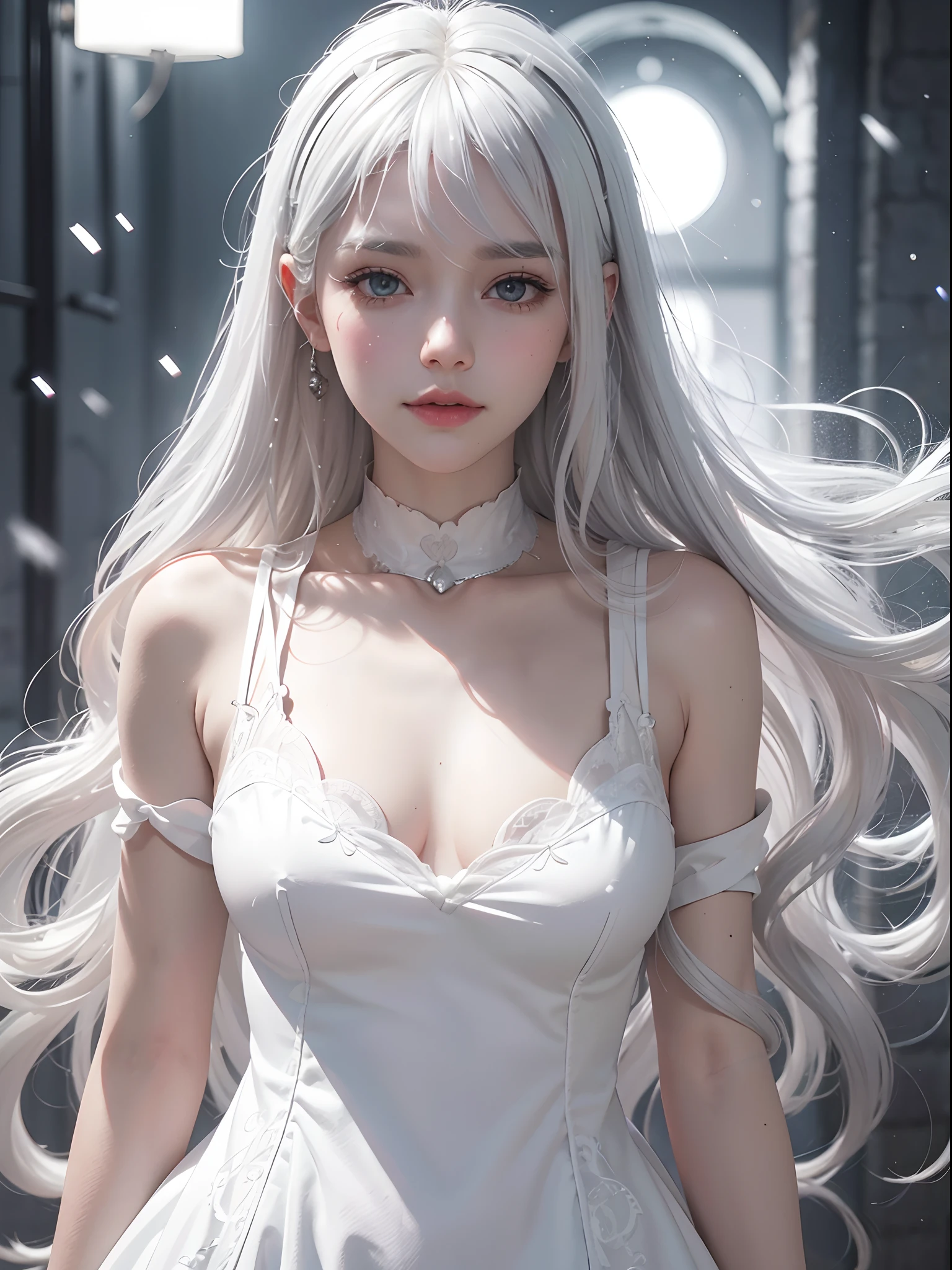 Platinum Blonde Fine Hair、(silver-white hair:1.5), (snow-white hair:1.1), (Silver eyes:1.1), Super long silky straight hair, Bangs on the face and eyes, (Gray big eyes:1.1), Sheer White And Wet Nightgown Snow White Summer Dress, Nordic Youth, Perfect bodies, Very nice and cute, White muscles, Glowy skin, Youthful and beautiful skin, Perfect Beautiful Little Face Makeup, thin pink lips, Vivid expression、1 -yeld gi advertisement, Misleading、{Smoke}、Viewer's vision, The perspective of a bokeh atmosphere, more detailed, cinema light, intricately-detailed, hight resolution, Detailed features of the face design, High Details, Clear Focus, smoothness, aesthetics, printed, octans, {{tmasterpiece}}.