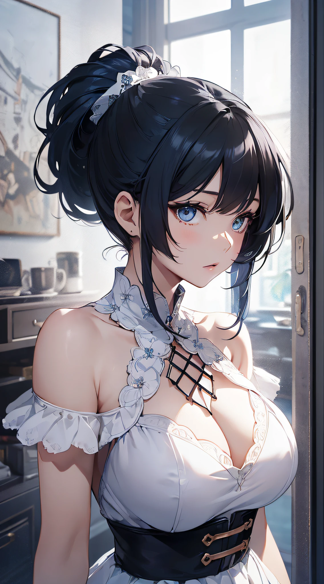 top-quality、Top image quality、​masterpiece、girl with((cute little、18year old、Best Bust、Medium bust、Bust 85,Beautiful blue eyes、Breasts wide open,Ponytail with black hair、A slender、Blue hair mesh、White sexy dress、White short skirt、Making tea)）hiquality、Beautiful Art、Background with((Large White Room、White lighting)),masutepiece、Elaborate design、visualart、depth of fields、The best lighting、highestdetailed、8ｋ