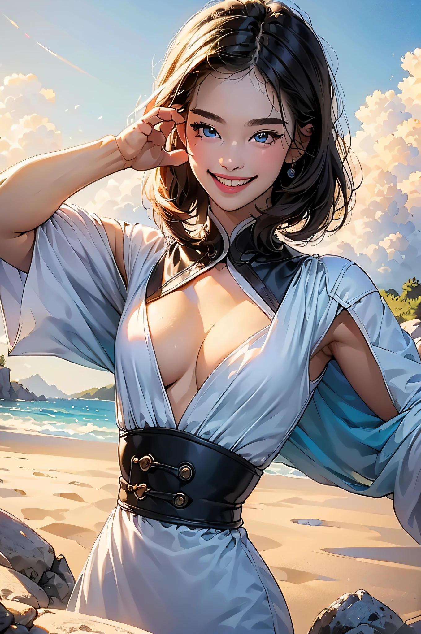(in 8K、top-quality、masterpiece:1.2)、1人の女性、(Smiling smile:1.1)、beautidful eyes、Valley、The upper part of the body、shorth hair、Like a boy、Colossal tits、Blue View、