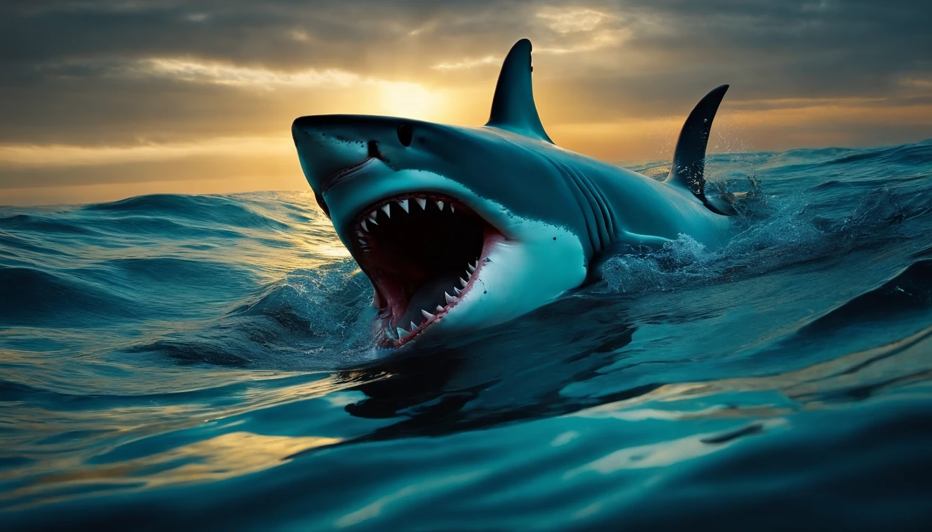 A moment of desperate prayer in the huge belly of a shark.
Illuminated by the dim light coming in from the shark's mouth.
the ocean,Shark with open mouth,Prey on dolphins