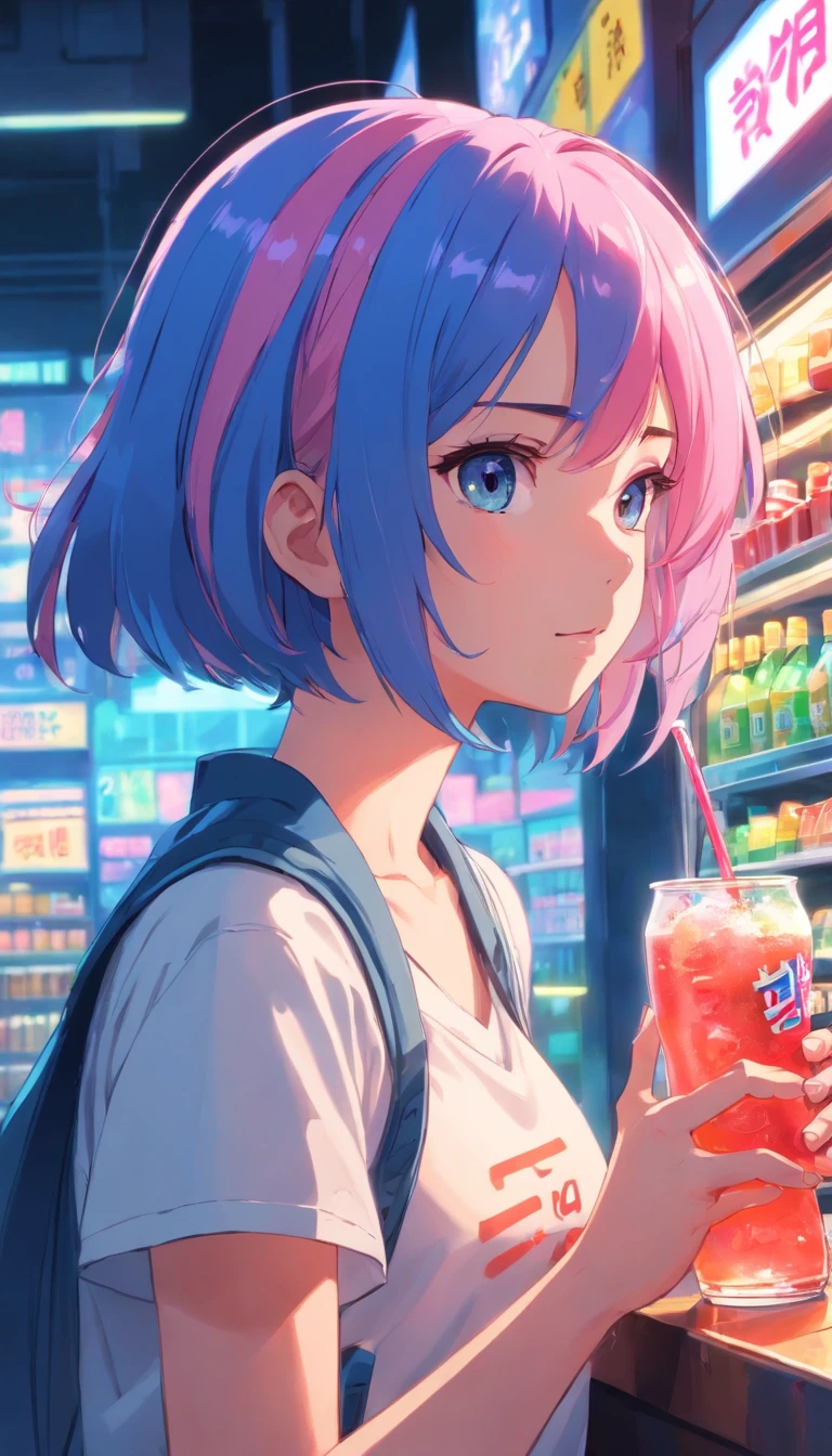 garota de cabelo rosa e azul, bebendo refrigerante, inspirado em anime dos anos 90, cidade cyberpunk, lofi, colorido, drinking soda, pink hair, blue hair