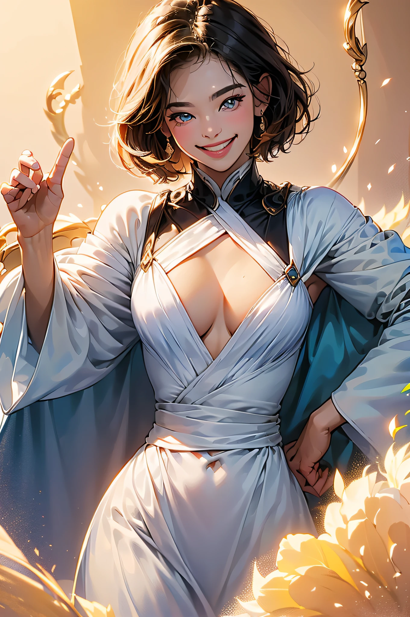 (in 8K、top-quality、masterpiece:1.2)、1人の女性、(Smiling smile:1.1)、beautidful eyes、Valley、The upper part of the body、shorth hair、Like a boy、Colossal tits、Blue View、