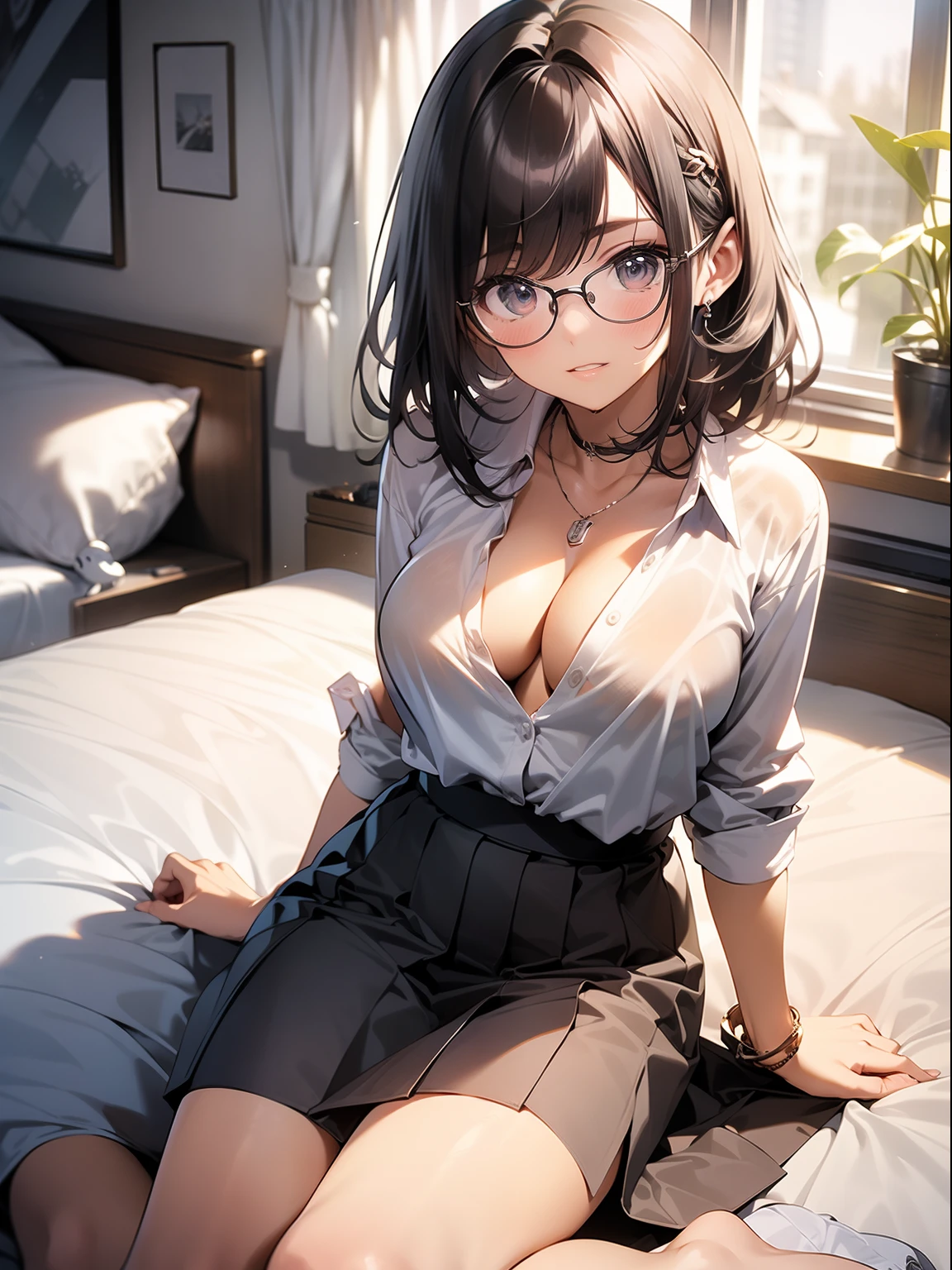 in 8K、top-quality、​masterpiece、ultra-detailliert、Ultra-high resolution、((1 persons))、girl with、bobhair、dark brown hair、makeups、耳Nipple Ring、a necklace、Big round lens glasses、Medium chest、White shirt、Unbutton、cleavage of the breast、Sit on the bed、a miniskirt
