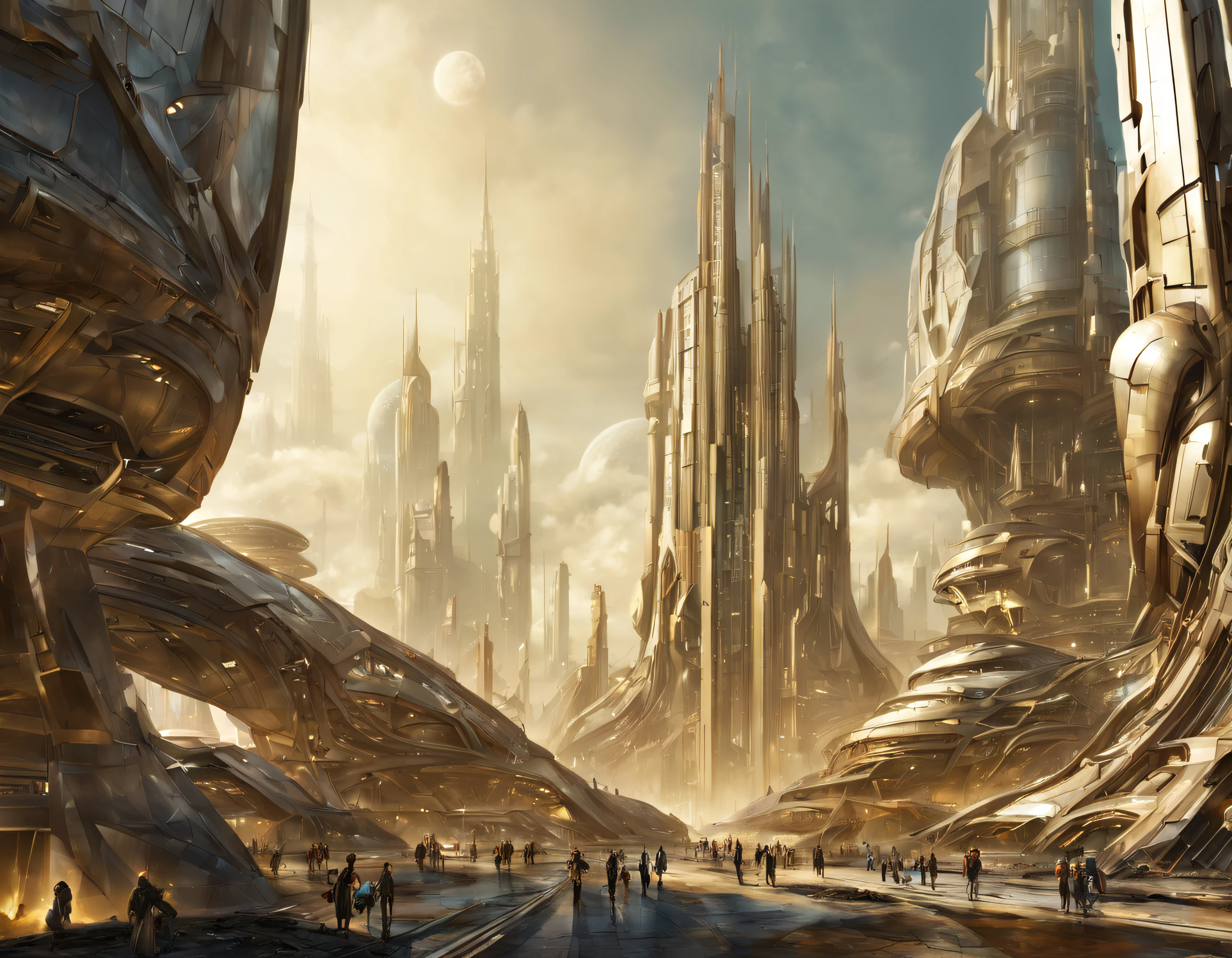 On an unknown planet there is a fantasy futuristic city with immense buildings of technological design que forman una infinita avenida, con estructuras acristaladas en plata, oro y bronce espectaculares. con colores vivos. pavimento ensolado sin brillo. gente paseando. similar a coruscant. imagen bien definida con muchos edificios juntos.