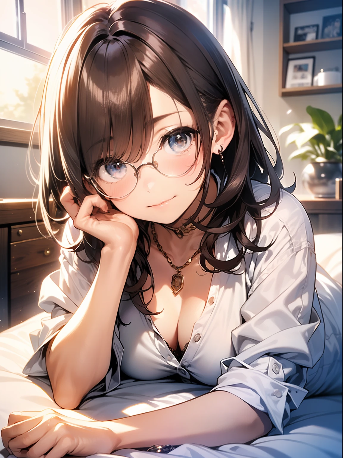 in 8K、top-quality、masterpiece、ultra-detailliert、Ultra-high resolution、((1 persons))、girl with、bobhair、dark brown hair、makeups、耳Nipple Ring、a necklace、Big round lens glasses、Medium chest、White shirt、Unbutton、cleavage of the breast、Sit on the bed、a miniskirt