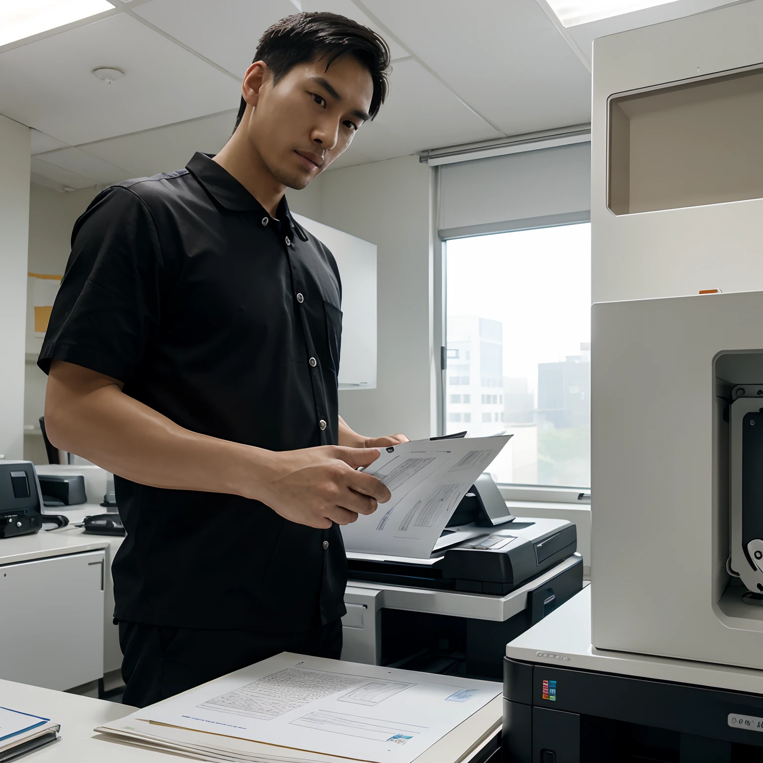 a printer,a copier,Print the file,A stack of copy paper,busy,office room,big window, copy machine ,A Chinese man,Handsome,large tall,suctioning,Chinese,the detail,Neatness,Paper,Computer,upscales,