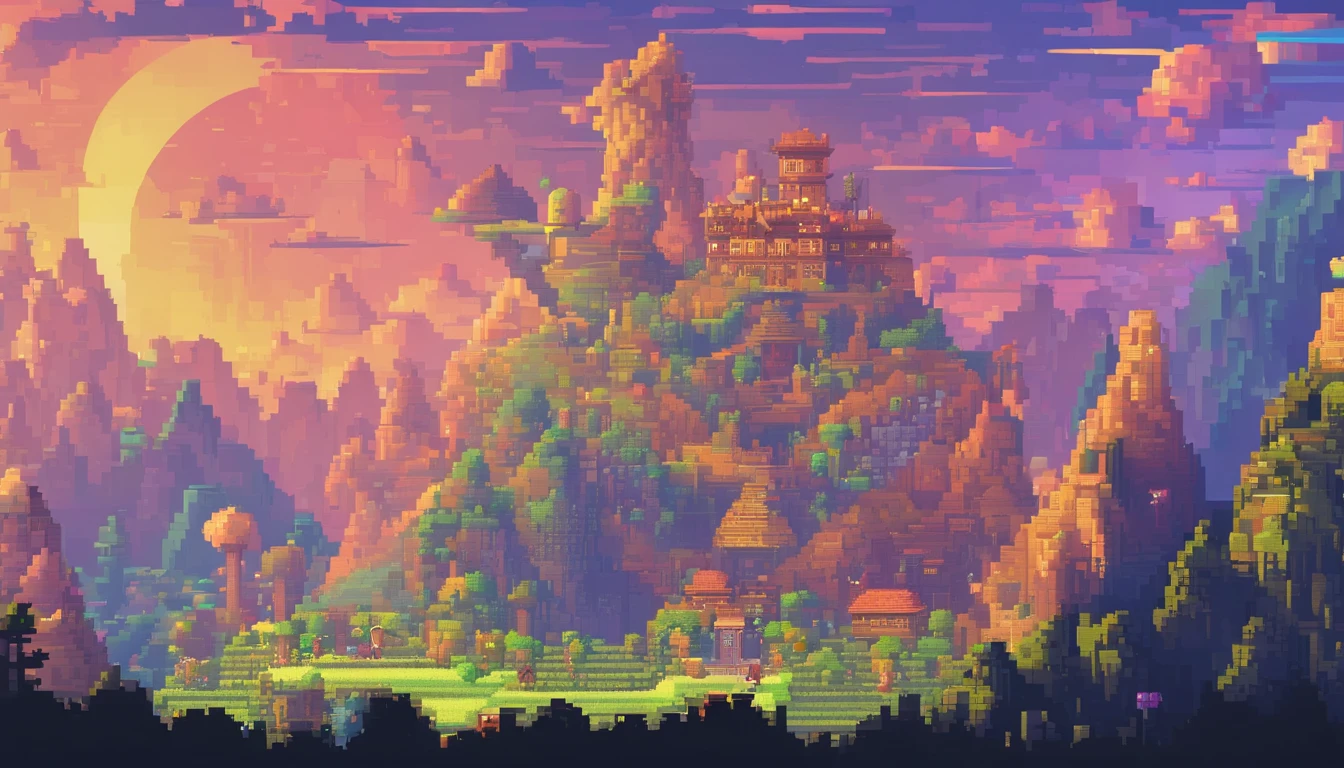 Pixel art, 3d pixel art 4k wallpaper. Incredible pixel art details. Pixel art. Detailed unreal engine, high position, Imagine a mesmerizing painting of a fantastic realm that exists in 5-dimensional space, where gravity, time, and perception transcend conventional boundaries. Bring this extraordinary world to life and let your creativity soar. Like the warp space of a time machine ride.